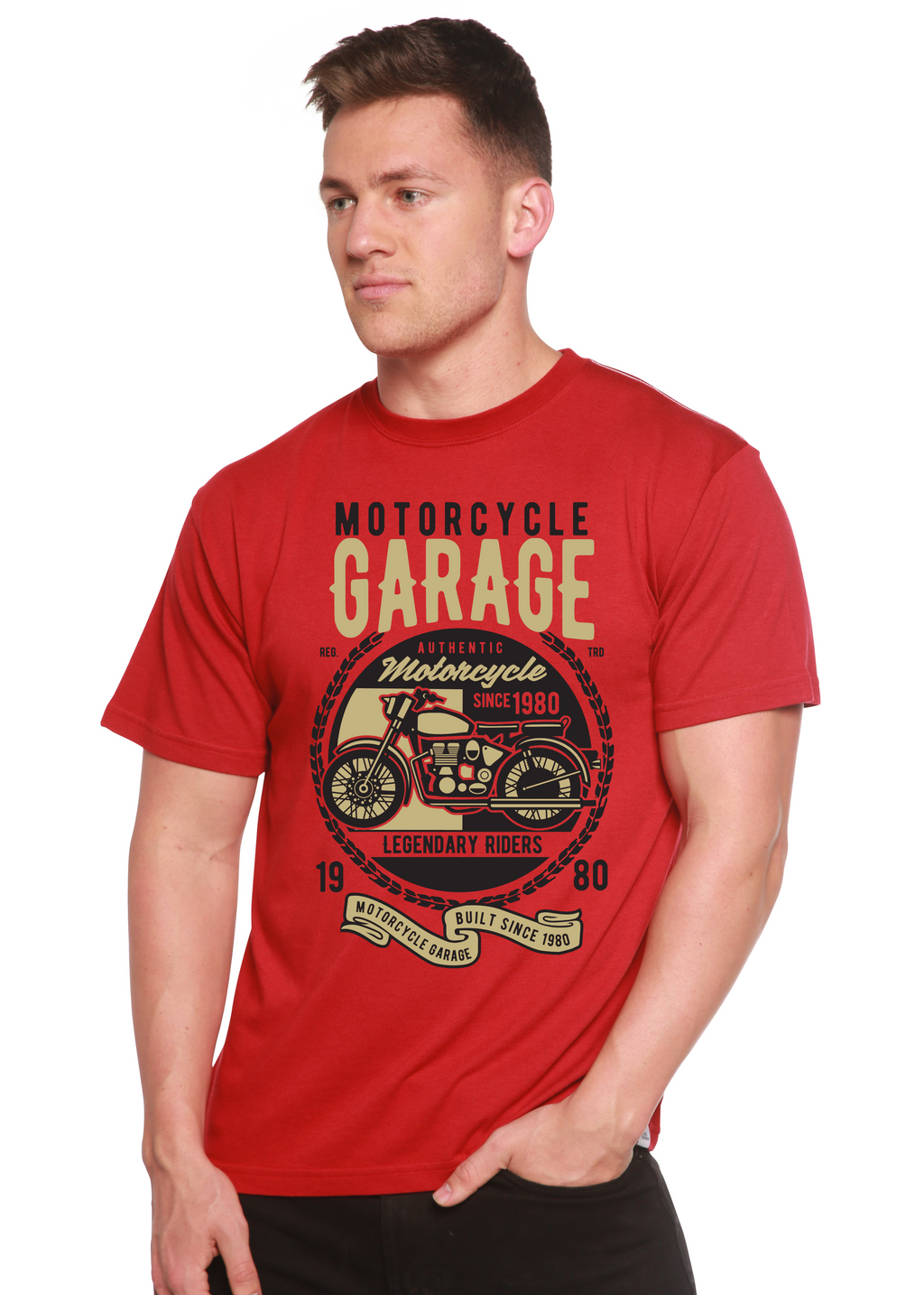 Camiseta gráfica de manga corta de viscosa de bambú y algodón orgánico para hombre "Motorcycle Garage"