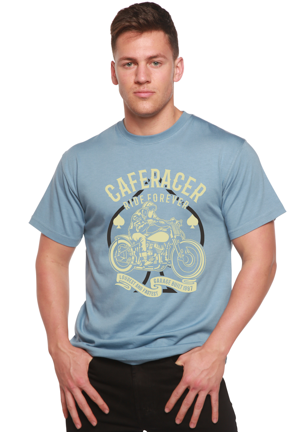Camiseta gráfica de manga corta Caferacer Ride Forever de viscosa de bambú/algodón orgánico para hombre