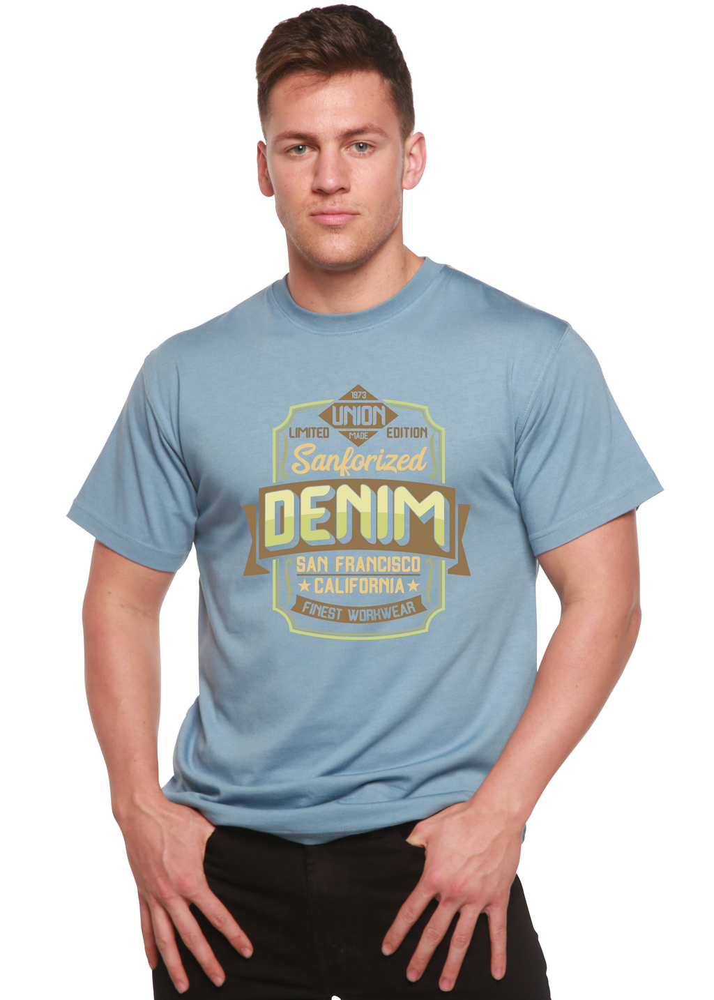 Camiseta gráfica de manga corta Sanforized Denim para hombre de viscosa de bambú/algodón orgánico