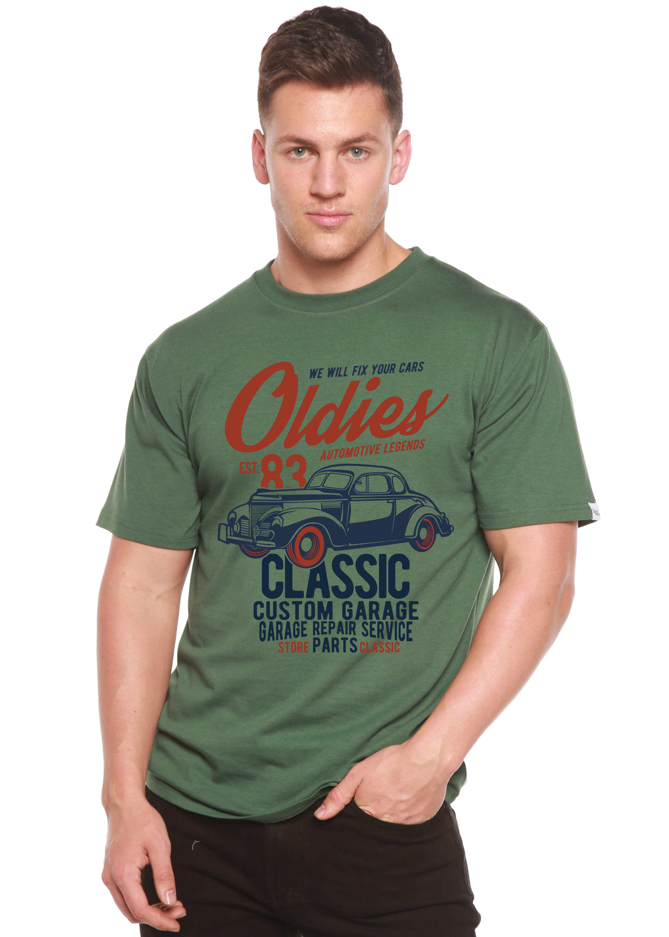 Camiseta gráfica de manga corta de viscosa de bambú y algodón orgánico Oldies Spun Bamboo® para hombre