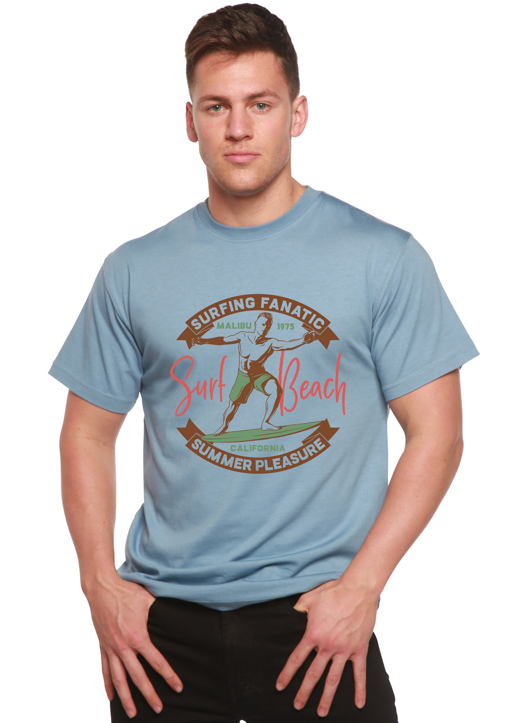 Camiseta gráfica de manga corta para hombre de Surf Beach de viscosa de bambú/algodón orgánico