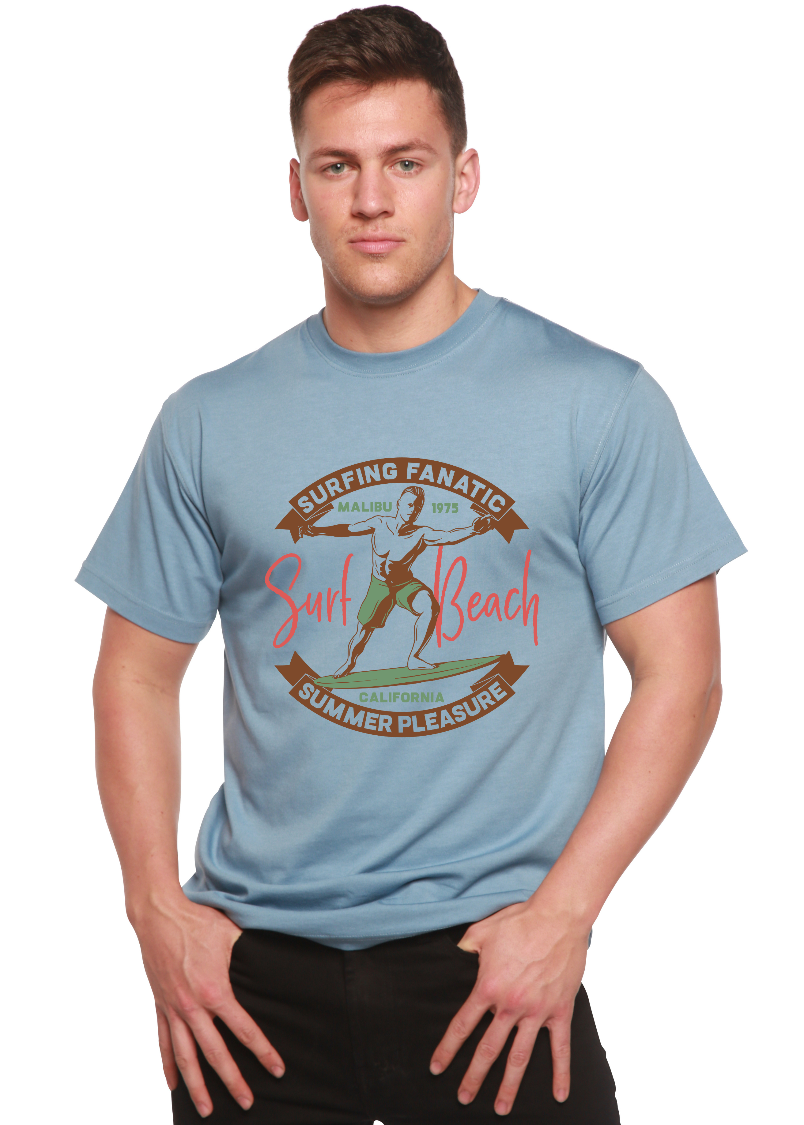 Camiseta gráfica de manga corta para hombre de Surf Beach de viscosa de bambú/algodón orgánico