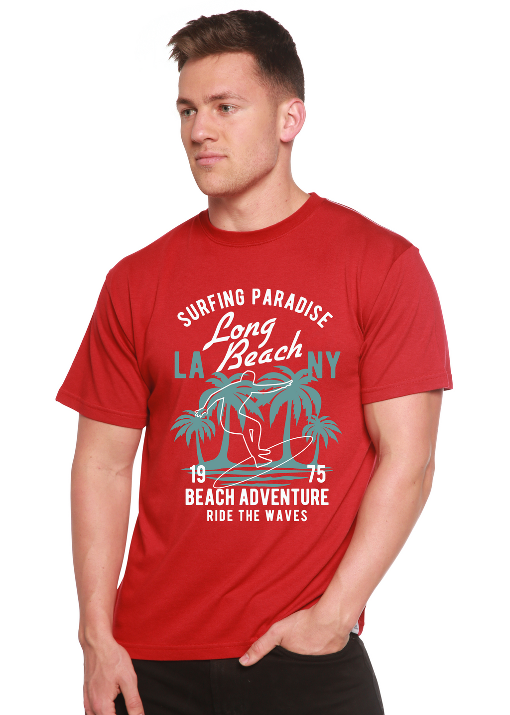 Camiseta gráfica de manga corta de viscosa de bambú/algodón orgánico "Aventura en la playa" para hombre