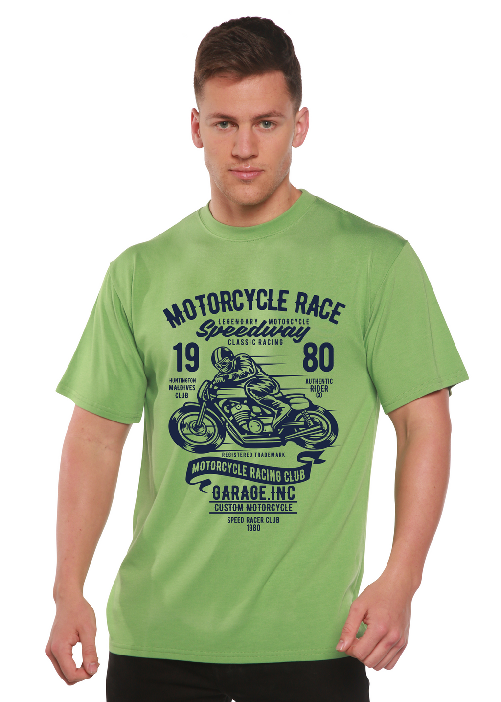 Camiseta gráfica de manga corta de viscosa de bambú y algodón orgánico para hombre con diseño de motos de carrera