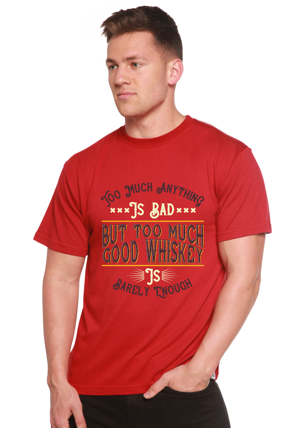 Camiseta gráfica de manga corta para hombre "But Too Much Good Whiskey" de bambú viscosa/algodón orgánico