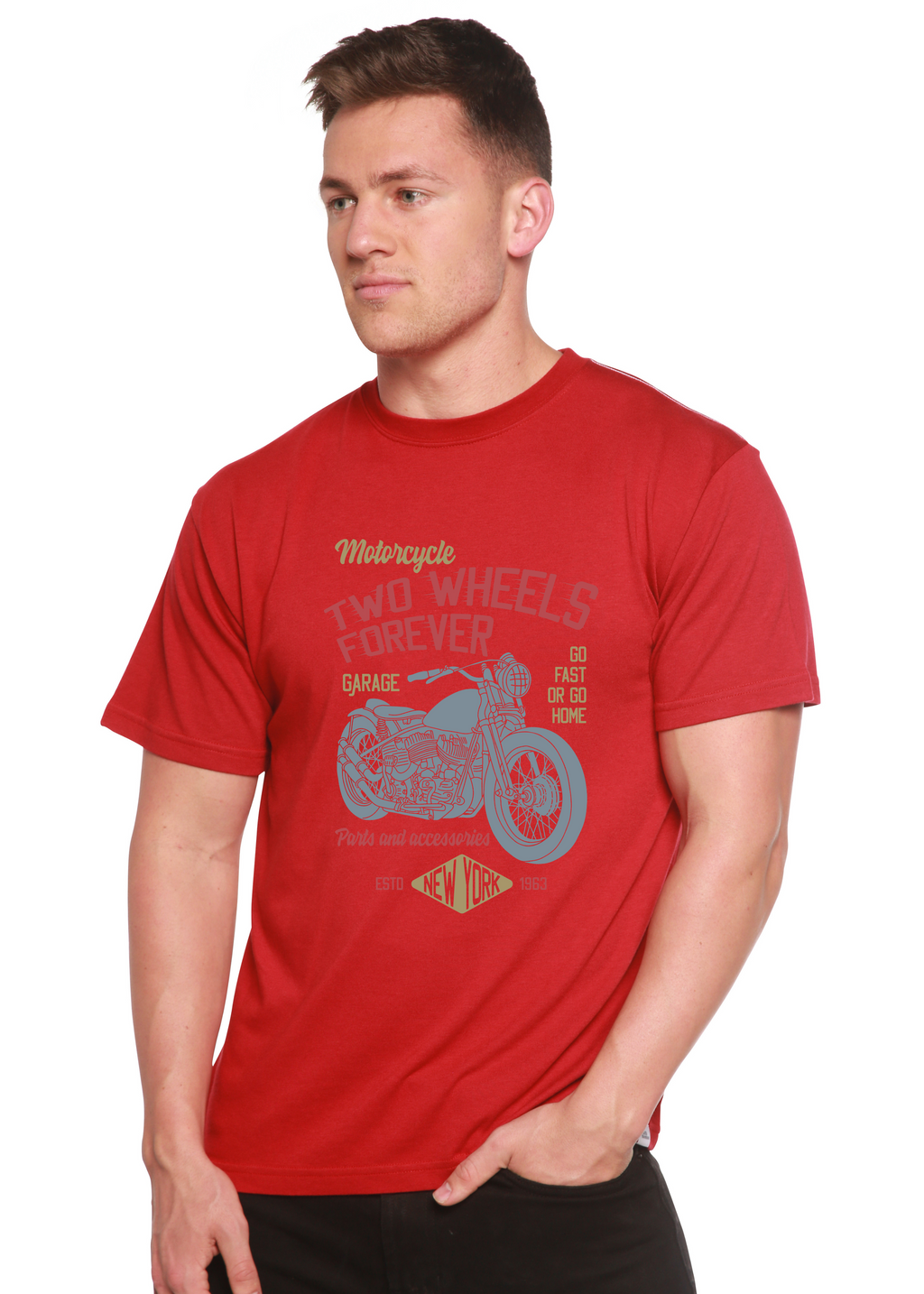 Camiseta gráfica de manga corta de viscosa de bambú/algodón orgánico "Two Wheels Forever" para hombre