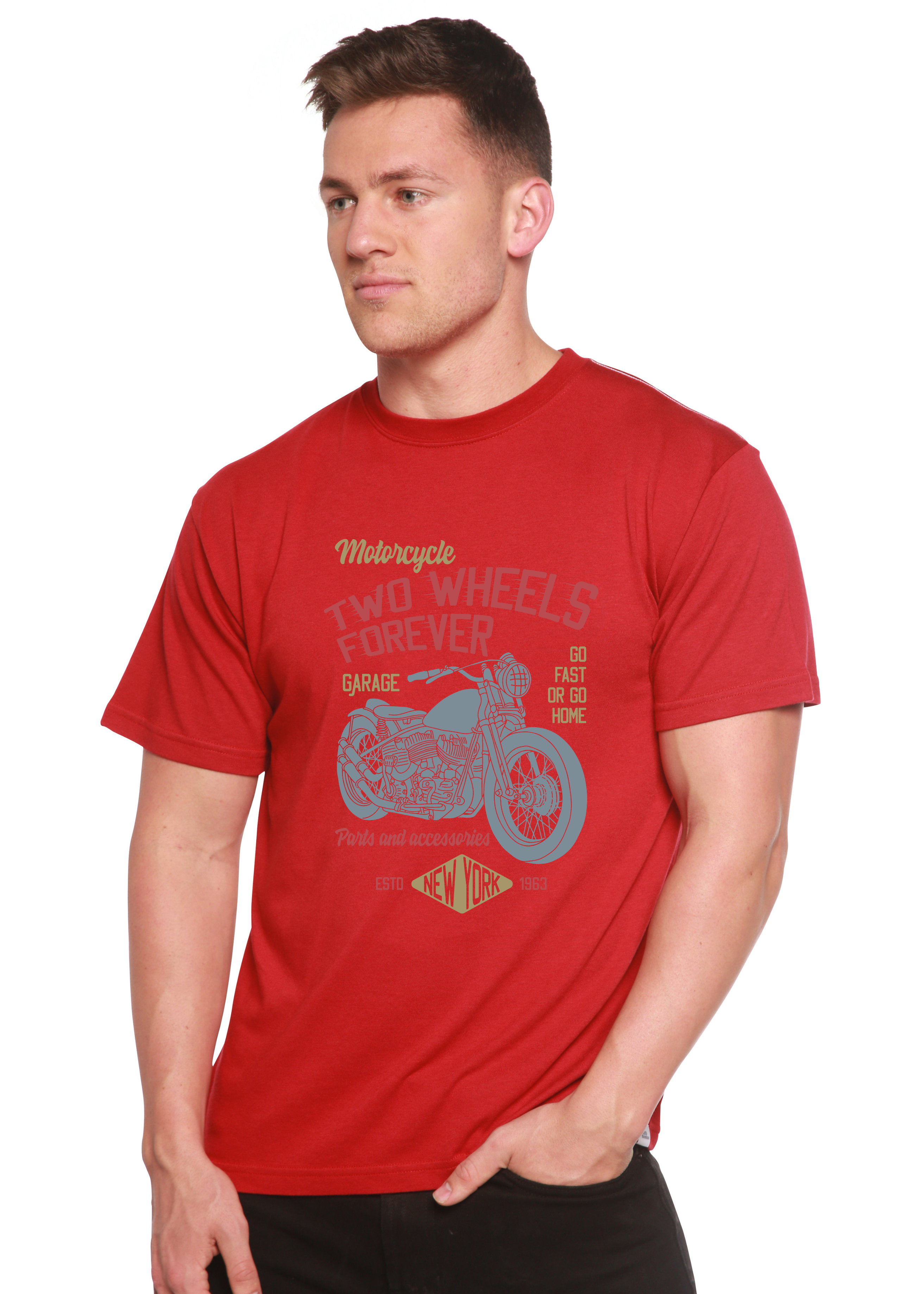 Camiseta gráfica de manga corta de viscosa de bambú/algodón orgánico "Two Wheels Forever" para hombre