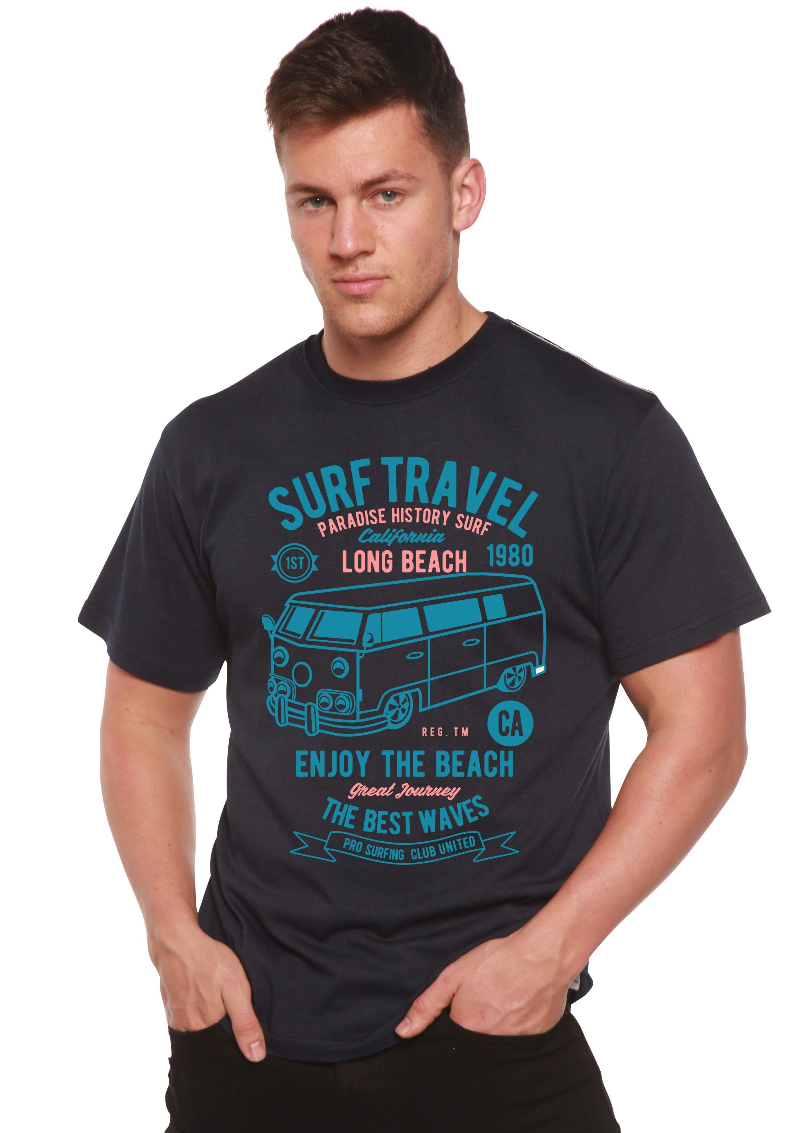 Camiseta gráfica de manga corta de bambú/algodón orgánico Surf Travel Spun Bamboo® para hombre
