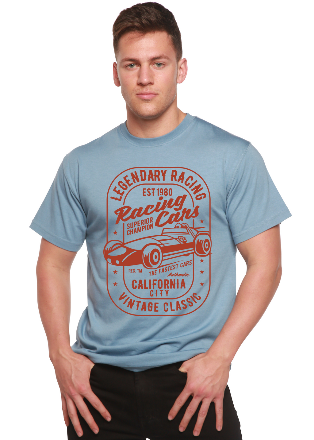 Camiseta gráfica de manga corta para hombre Legendary Racing Cars de bambú-viscosa/algodón orgánico