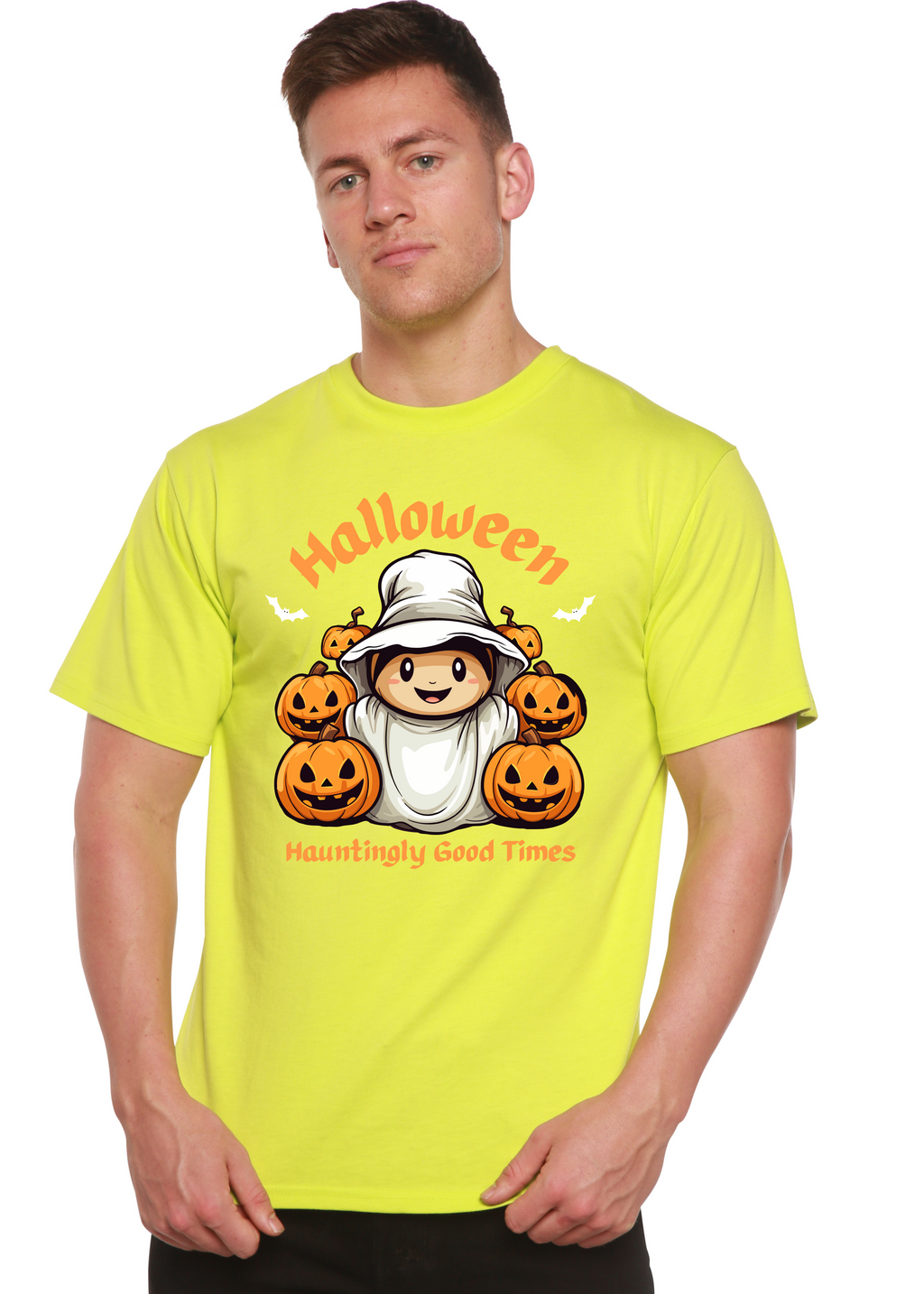Camiseta gráfica de manga corta de bambú/algodón orgánico para hombre "Halloween Hauntingly Good Times Day"