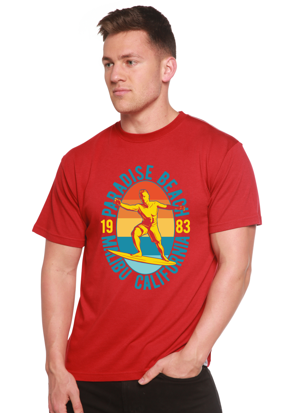Camiseta gráfica de manga corta de bambú/algodón orgánico Paradise Beach 1983 para hombre