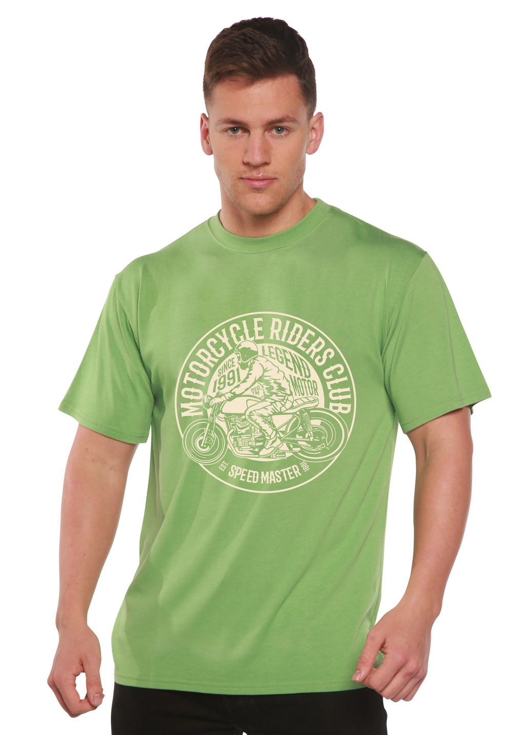 Camiseta de manga corta con gráfico de bambú viscosa/algodón orgánico para hombre del club de motociclistas