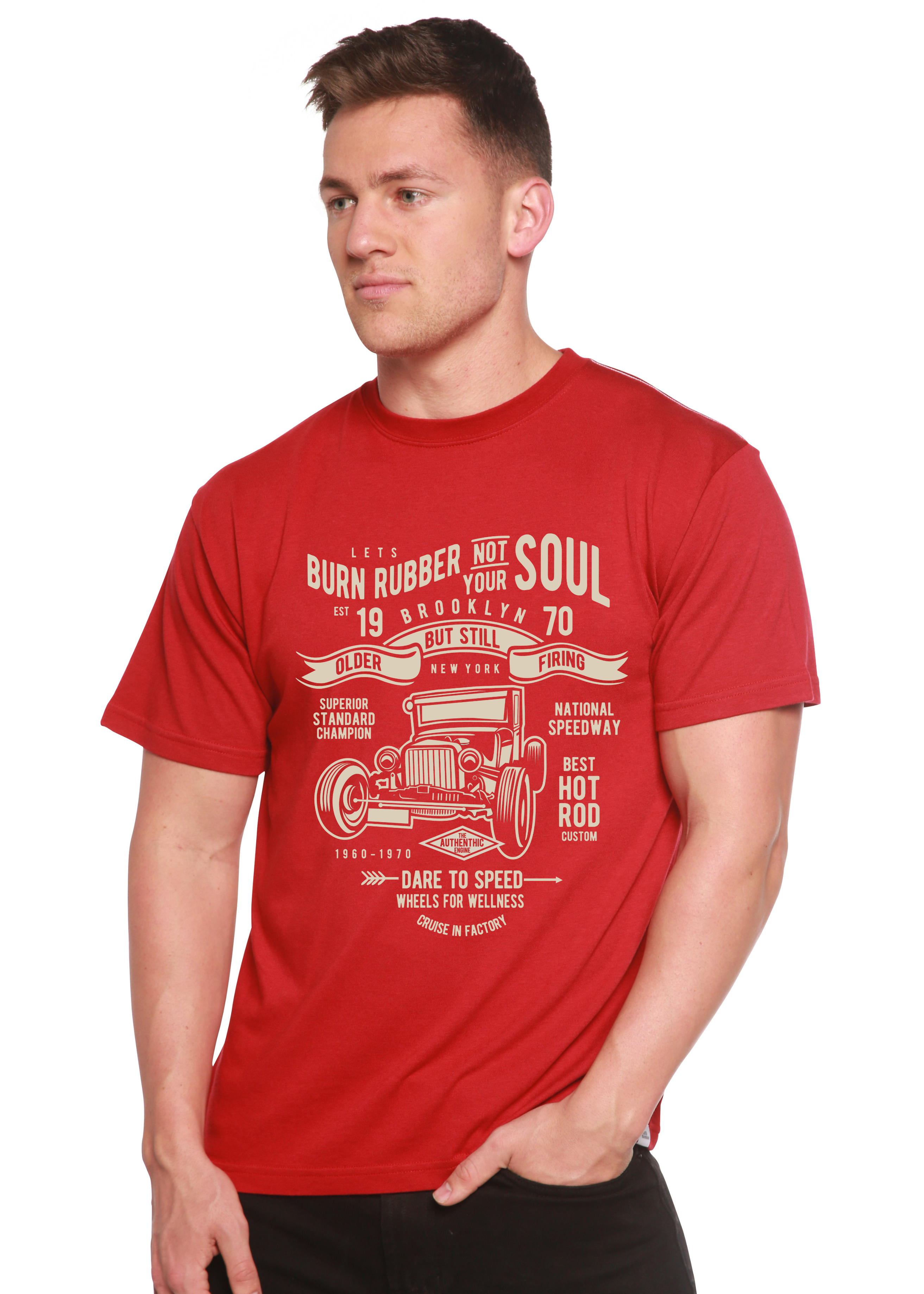 Camiseta gráfica de manga corta Burn Rubber de viscosa de bambú y algodón orgánico para hombre