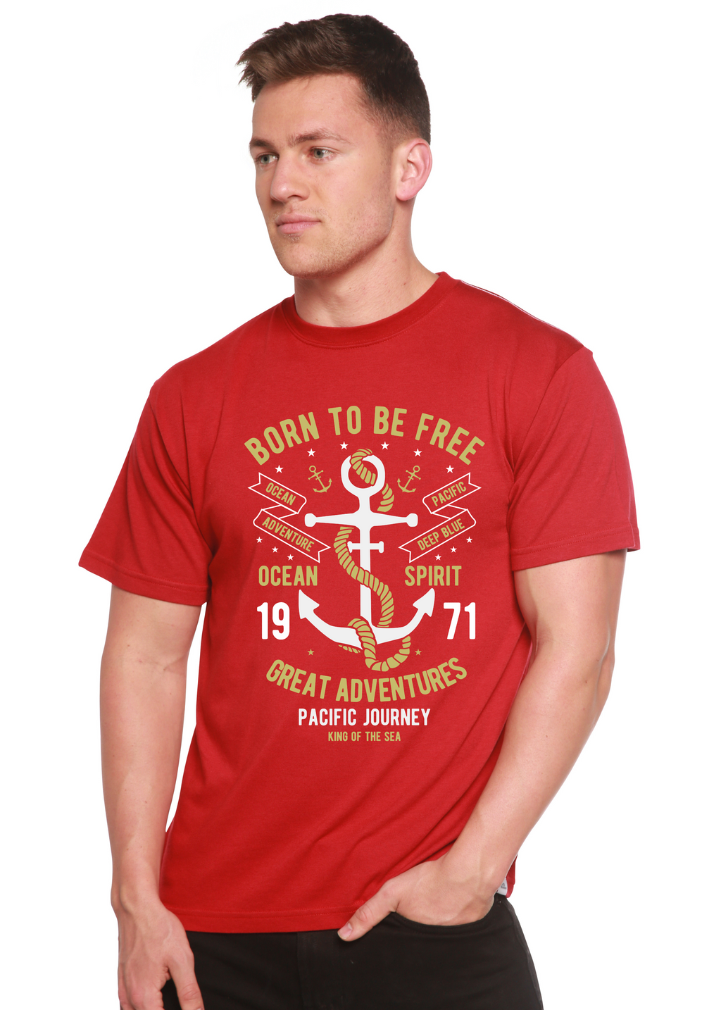 Camiseta de manga corta para hombre de bambú viscosa/algodón orgánico con gráfico "Born To Be Free"