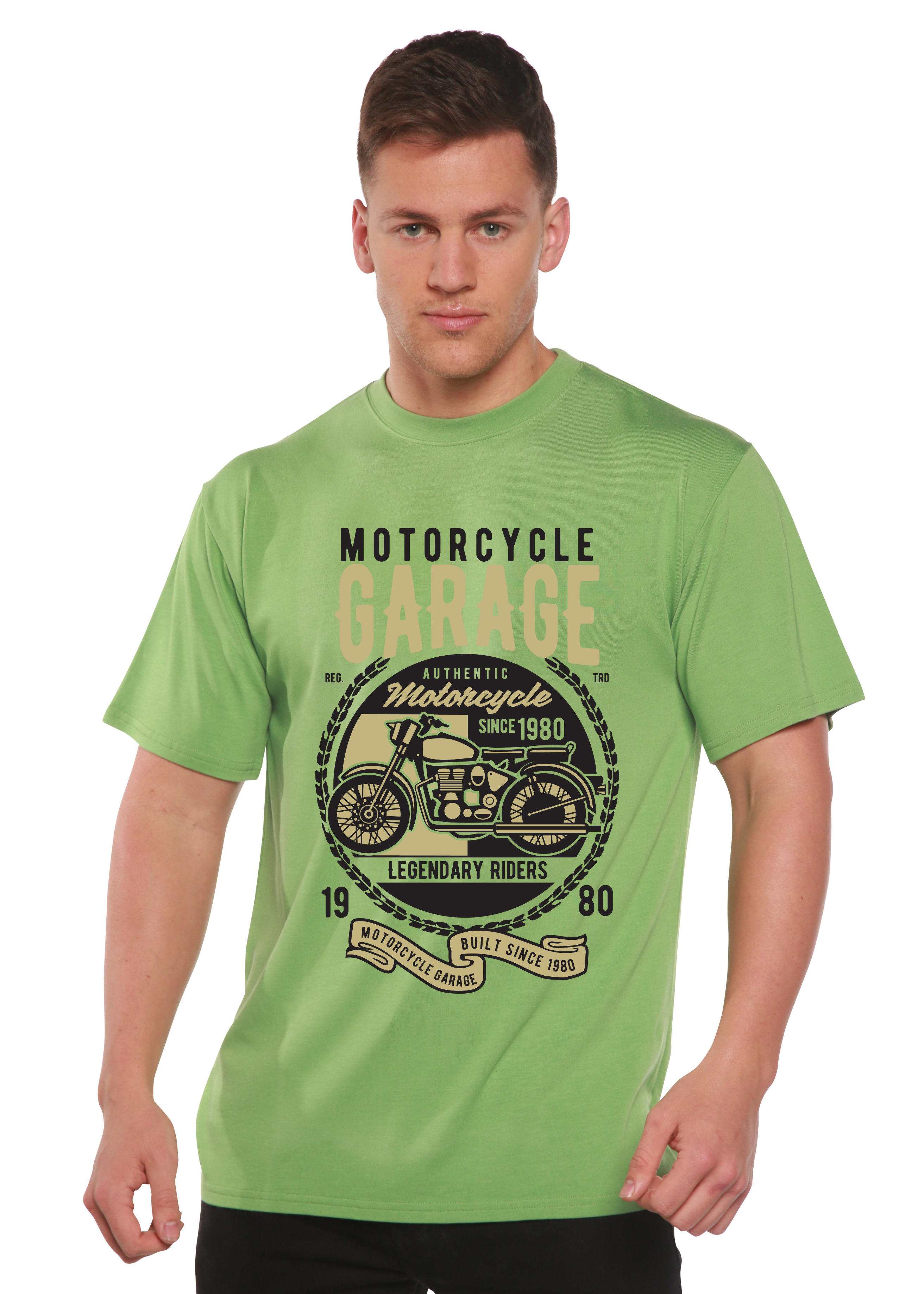 Camiseta gráfica de manga corta de viscosa de bambú y algodón orgánico para hombre "Motorcycle Garage"
