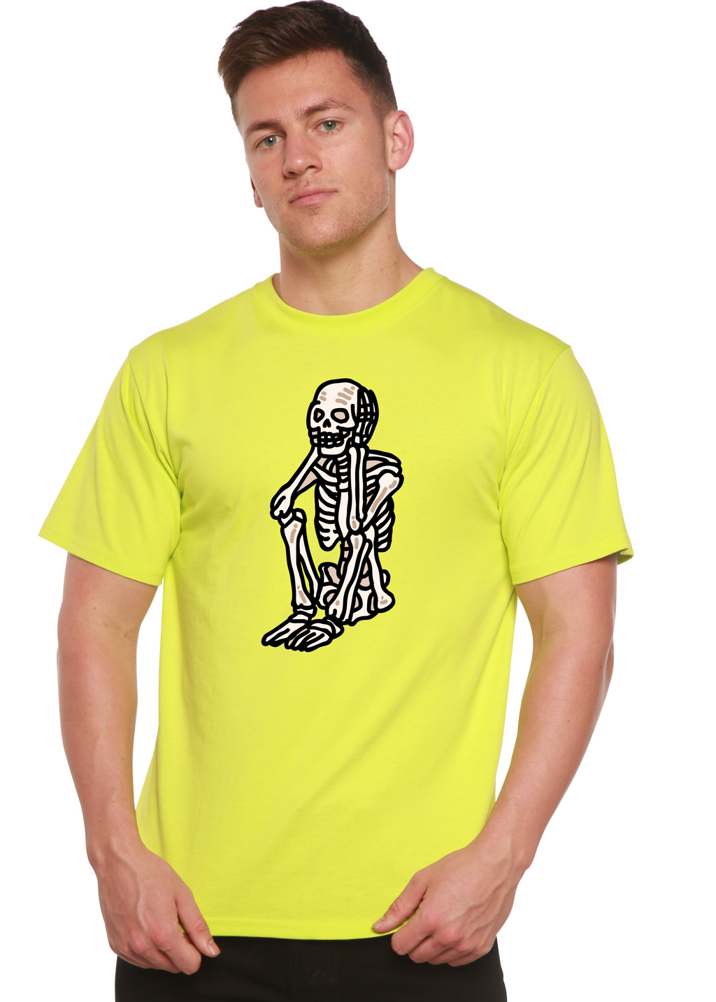 Camiseta gráfica de manga corta de bambú/algodón orgánico unisex de Halloween con esqueleto triste
