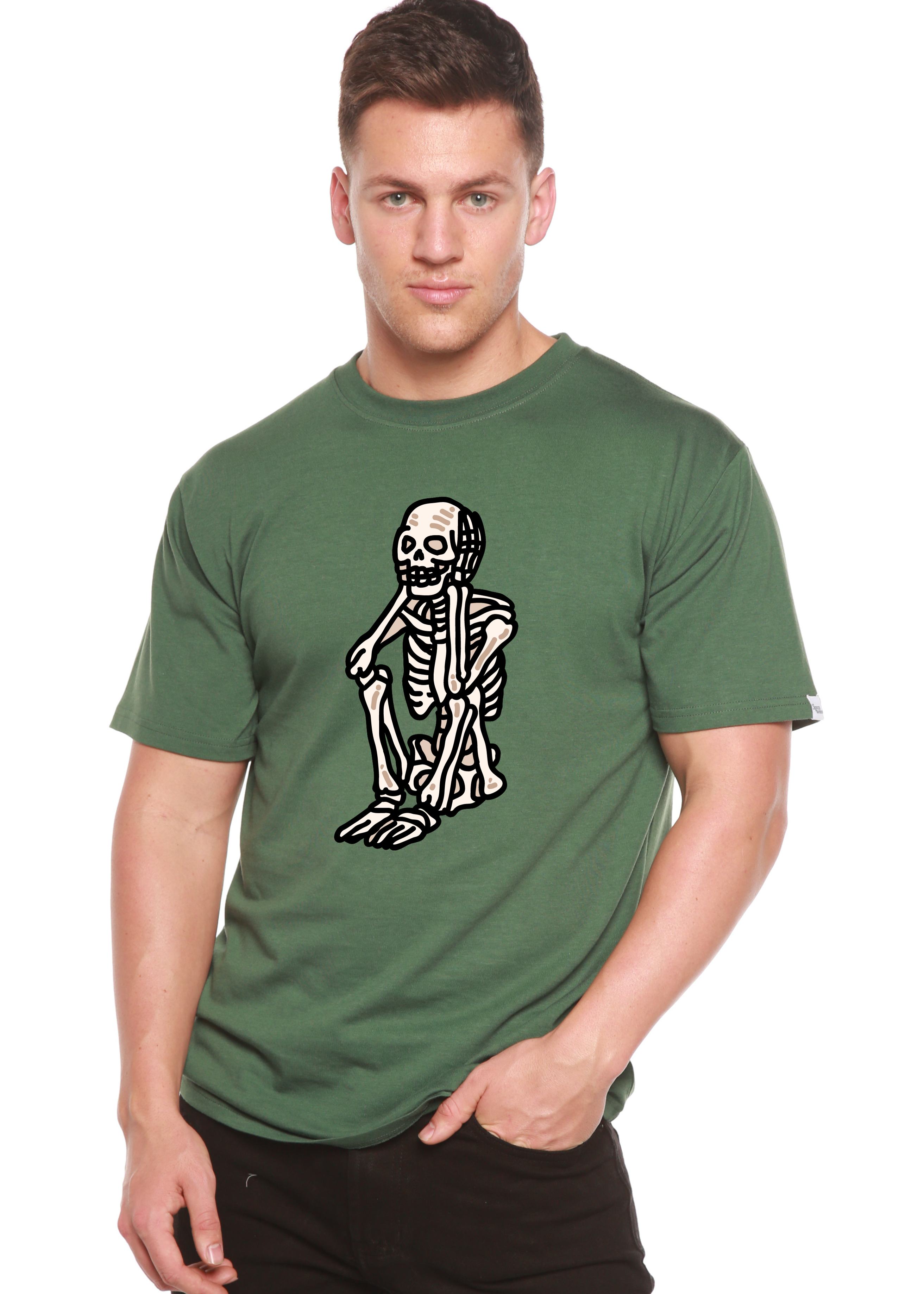 Camiseta gráfica de manga corta de bambú/algodón orgánico unisex de Halloween con esqueleto triste