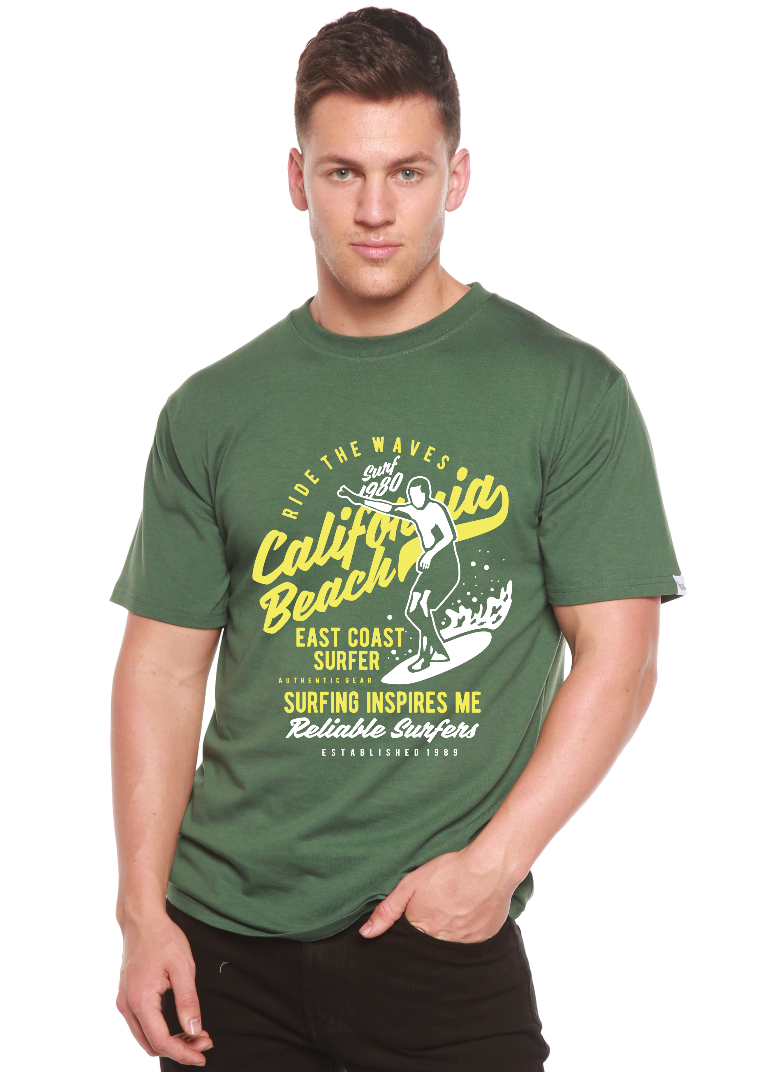 Ride The Waves Spun Bamboo® Camiseta Gráfica de Manga Corta para Hombre de Viscosa de Bambú/Algodón Orgánico