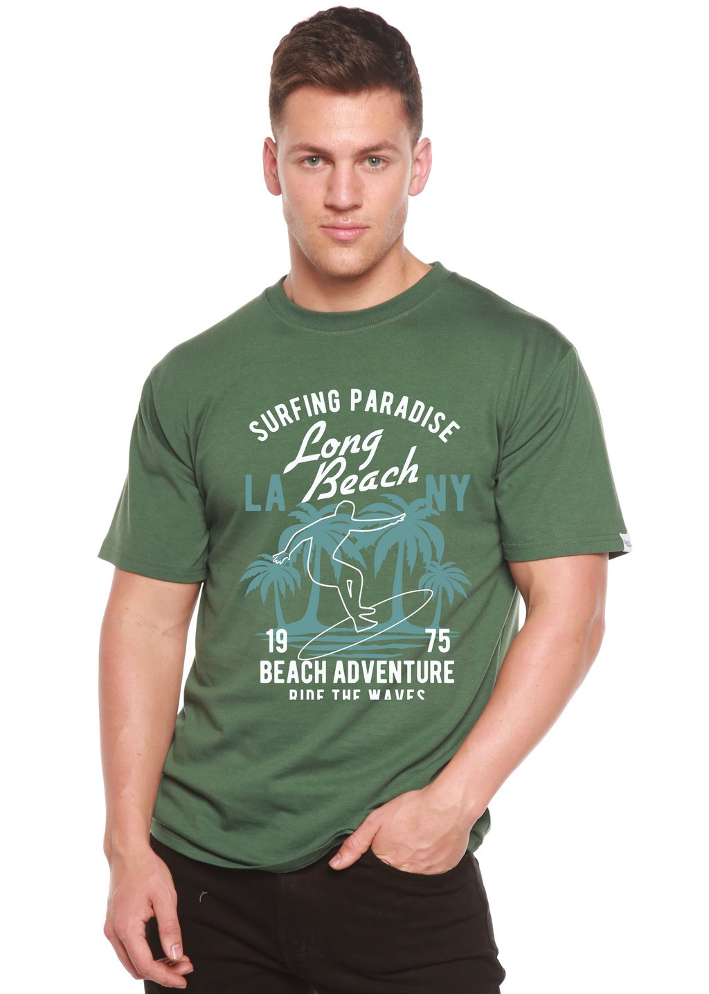 Camiseta gráfica de manga corta de viscosa de bambú/algodón orgánico "Aventura en la playa" para hombre