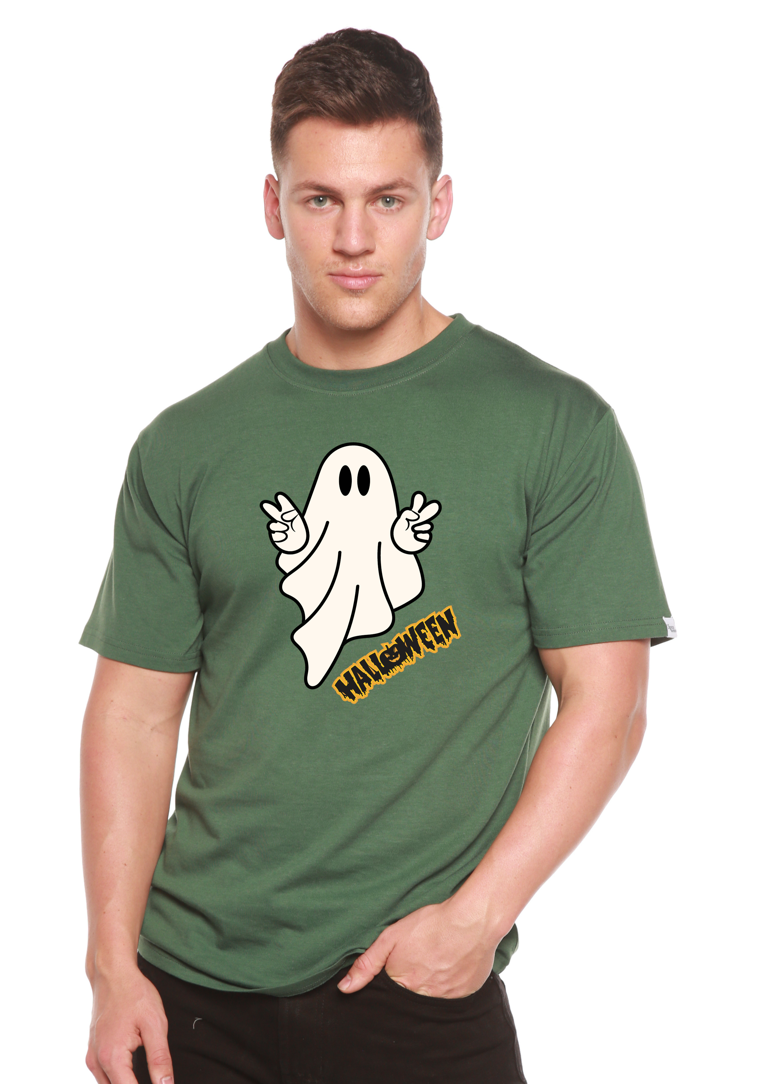 Camiseta gráfica de manga corta unisex Halloween Ghost de viscosa de bambú/algodón orgánico