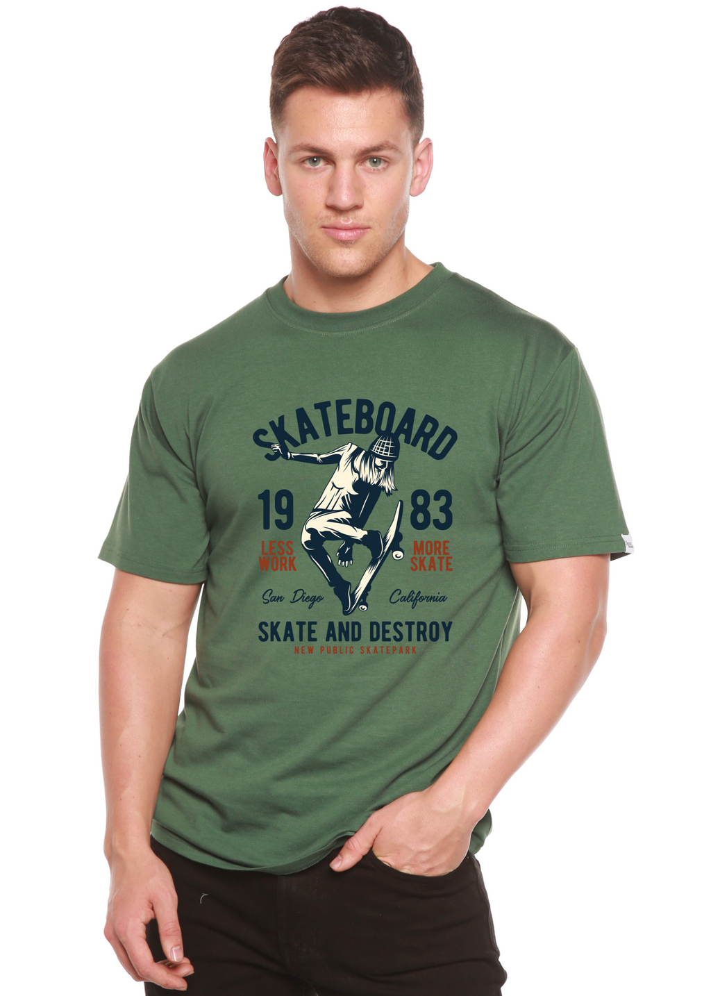 Camiseta gráfica de manga corta de viscosa de bambú/algodón orgánico "Skateboard 1983" para hombre