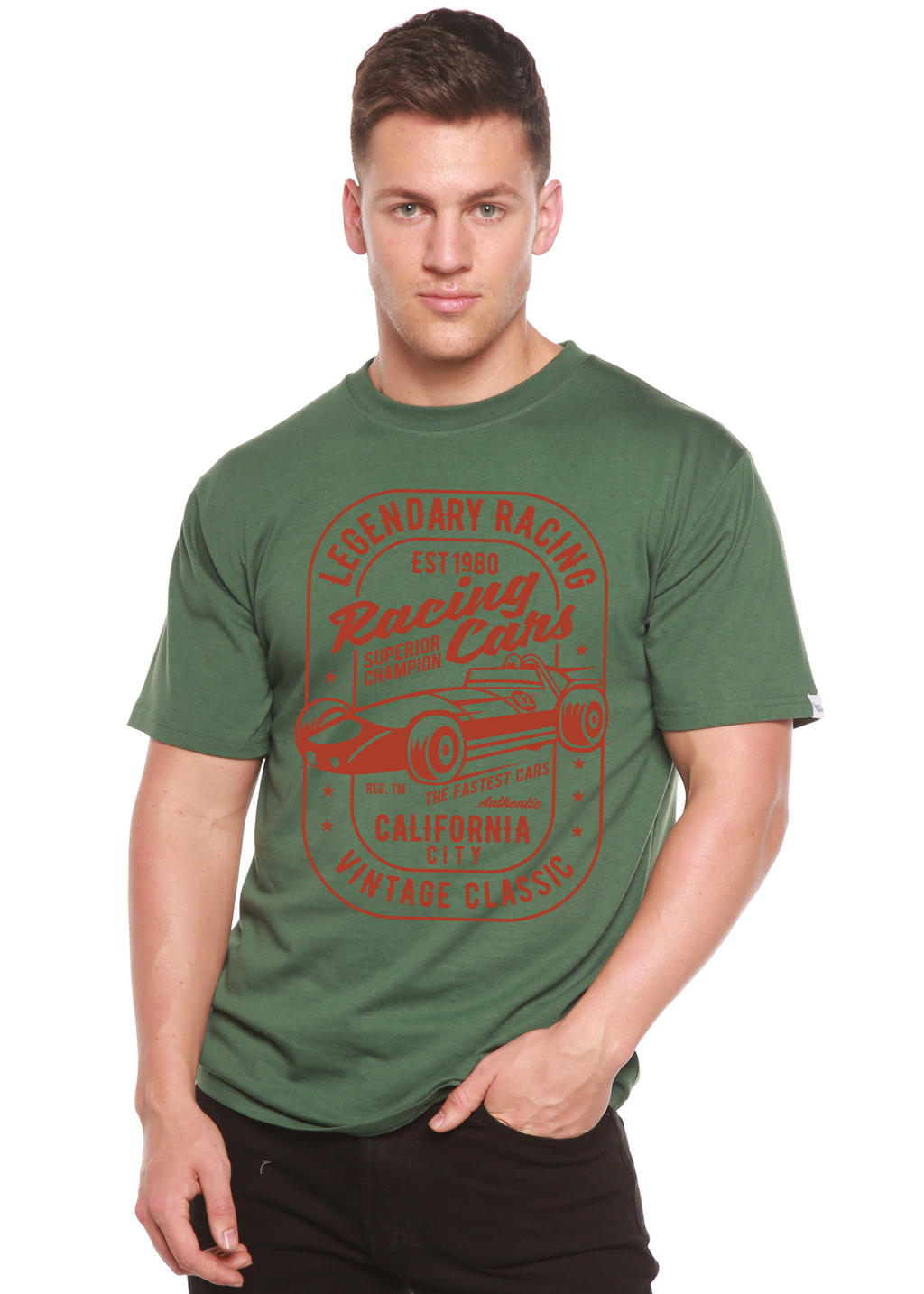 Camiseta gráfica de manga corta para hombre Legendary Racing Cars de bambú-viscosa/algodón orgánico