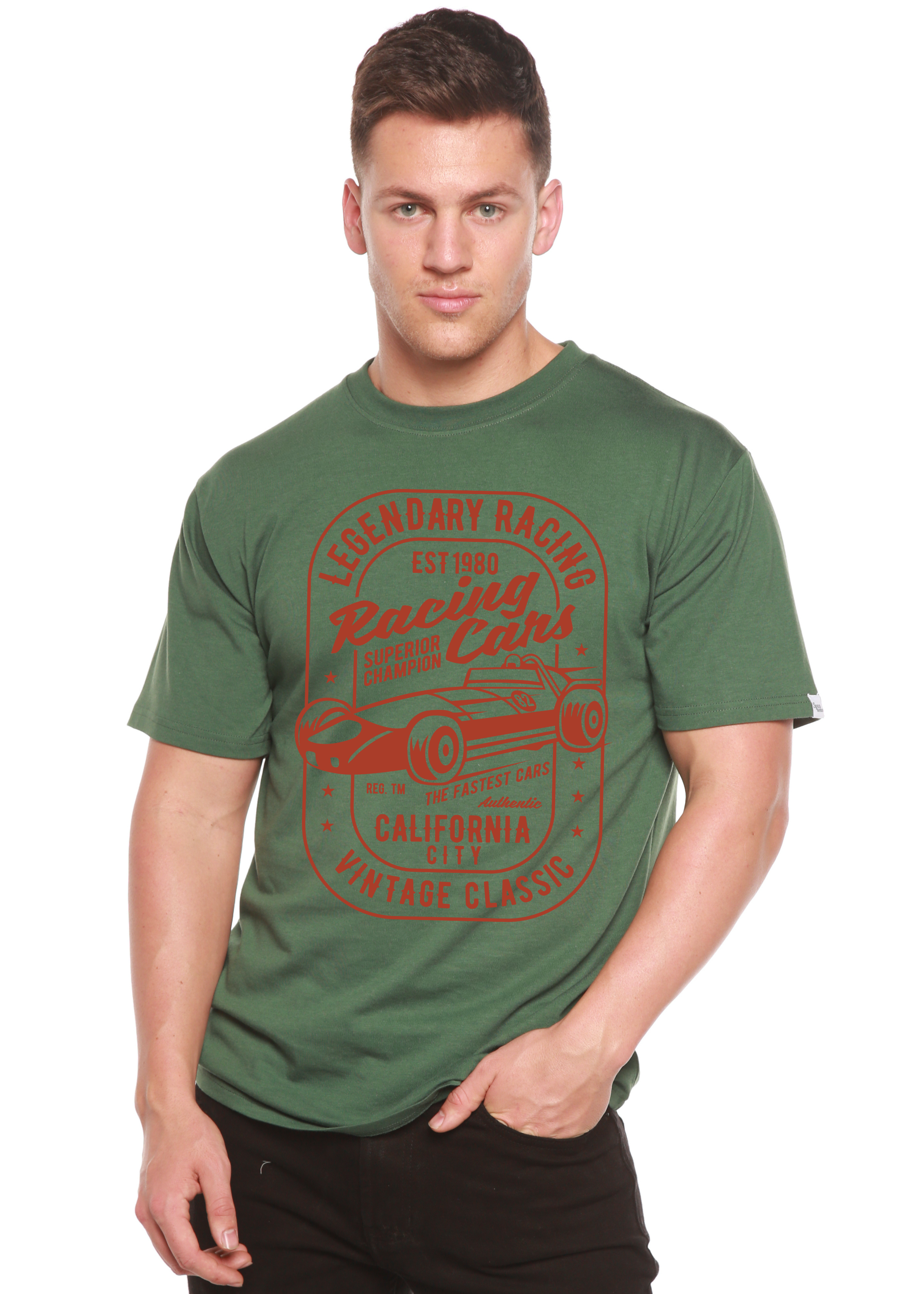Camiseta gráfica de manga corta para hombre Legendary Racing Cars de bambú-viscosa/algodón orgánico