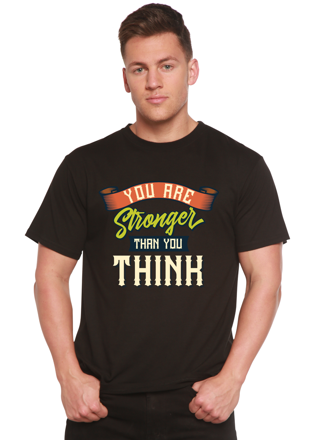 Camiseta gráfica de manga corta para hombre "Eres más fuerte de lo que piensas" de viscosa de bambú/algodón orgánico