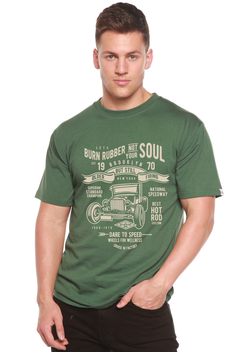 Camiseta gráfica de manga corta Burn Rubber de viscosa de bambú y algodón orgánico para hombre