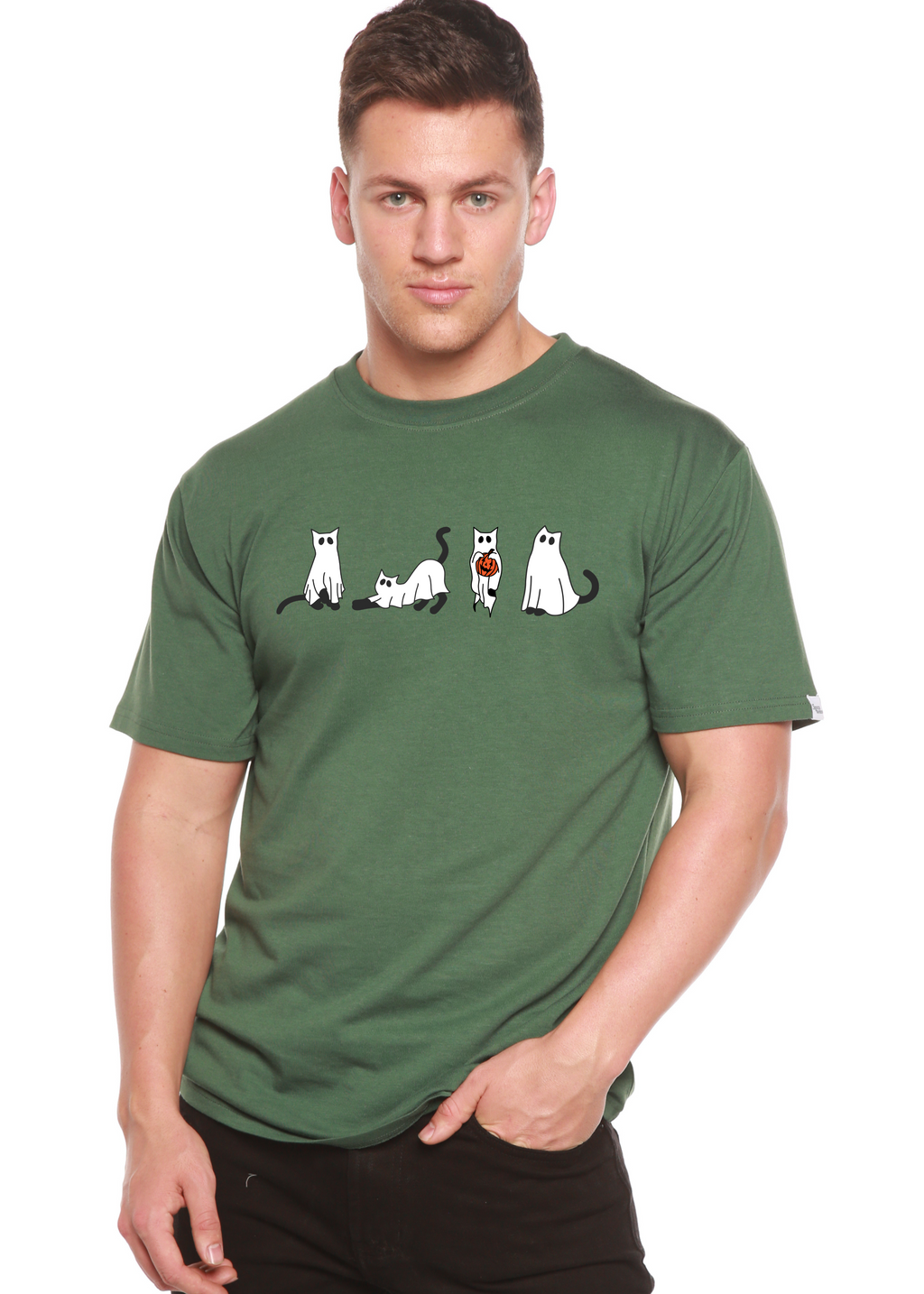 Camiseta gráfica de manga corta de viscosa de bambú/algodón orgánico para hombre con gatos de Halloween