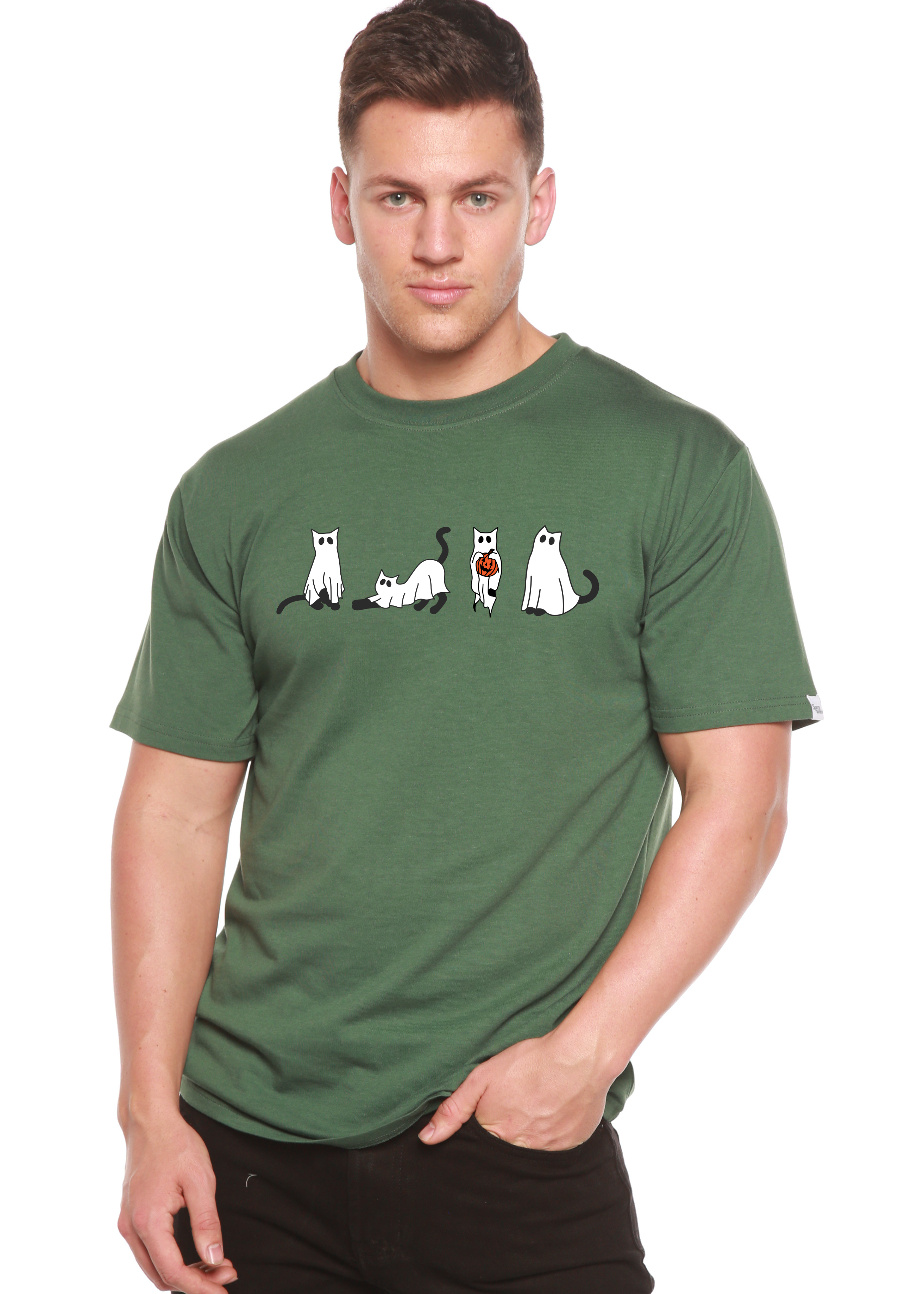 Camiseta gráfica de manga corta de viscosa de bambú/algodón orgánico para hombre con gatos de Halloween