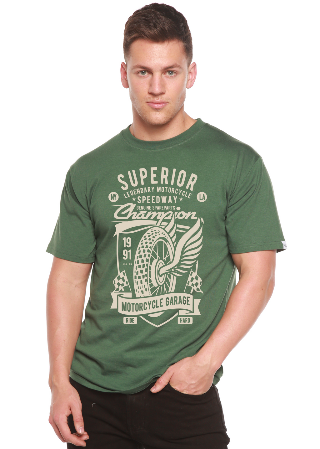 Camiseta gráfica de manga corta de viscosa de bambú/algodón orgánico para hombre Superior Motorcycle Spun Bamboo®