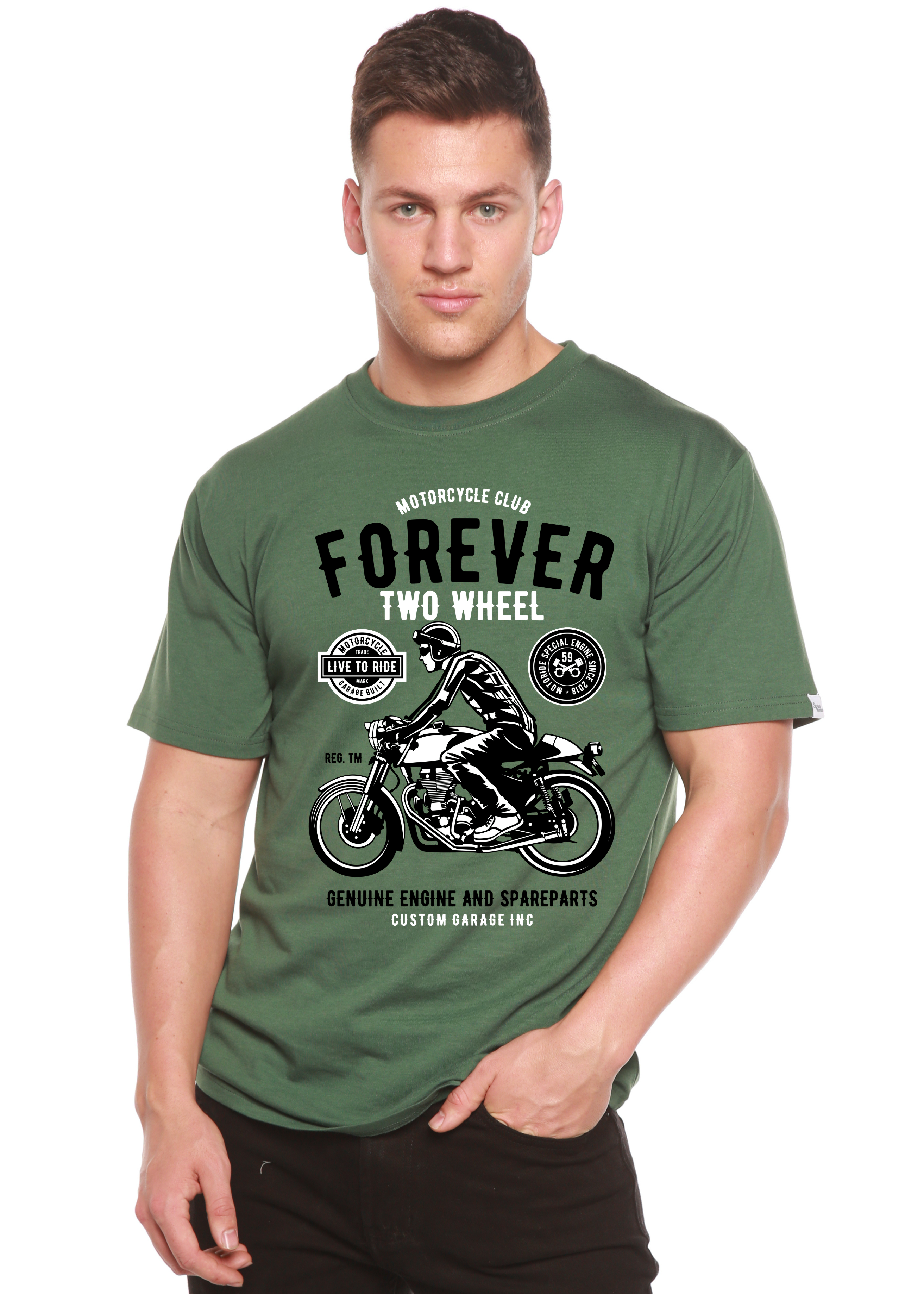 Camiseta gráfica de manga corta de viscosa de bambú/algodón orgánico Forever Two Wheel para hombre