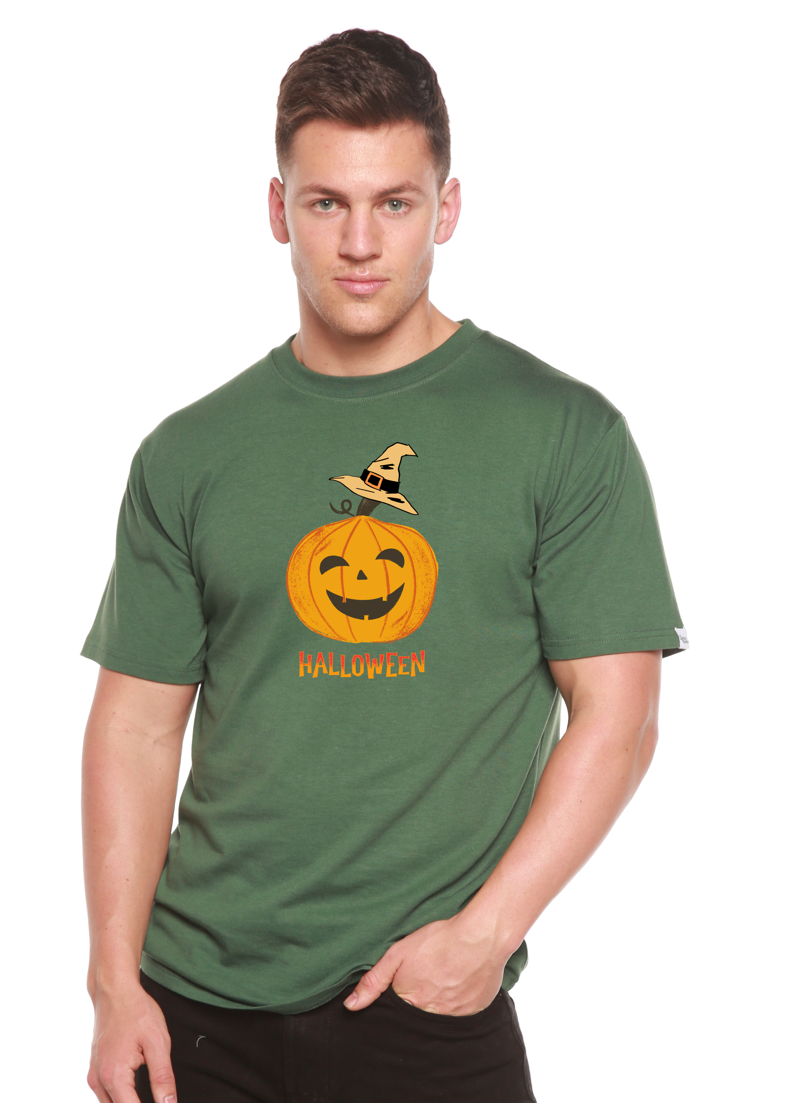 Camiseta gráfica de manga corta de viscosa de bambú/algodón orgánico unisex con calabaza de Halloween