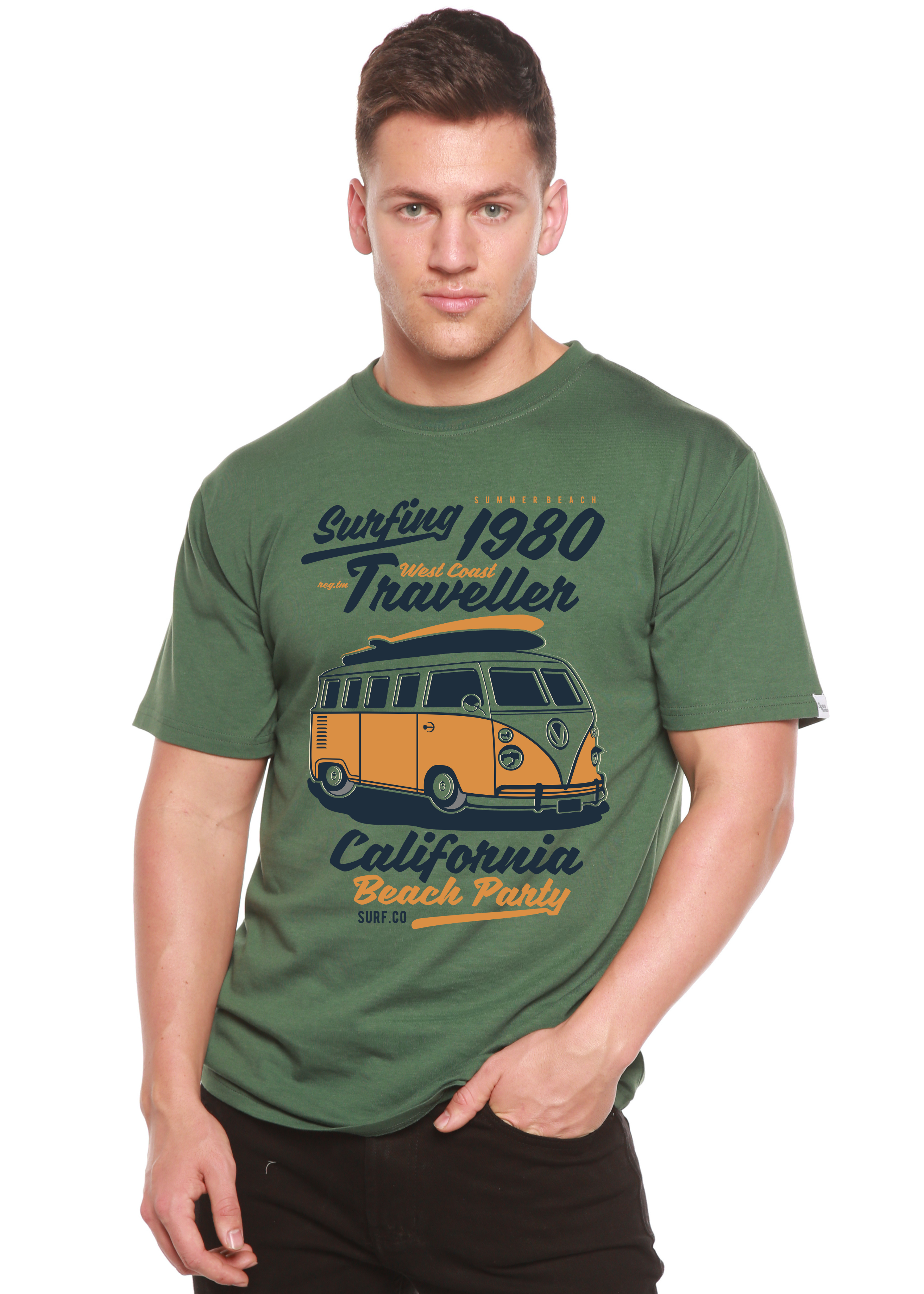Camiseta gráfica de manga corta de viscosa de bambú/algodón orgánico para hombre Spun Bamboo® "Surfing 1980"