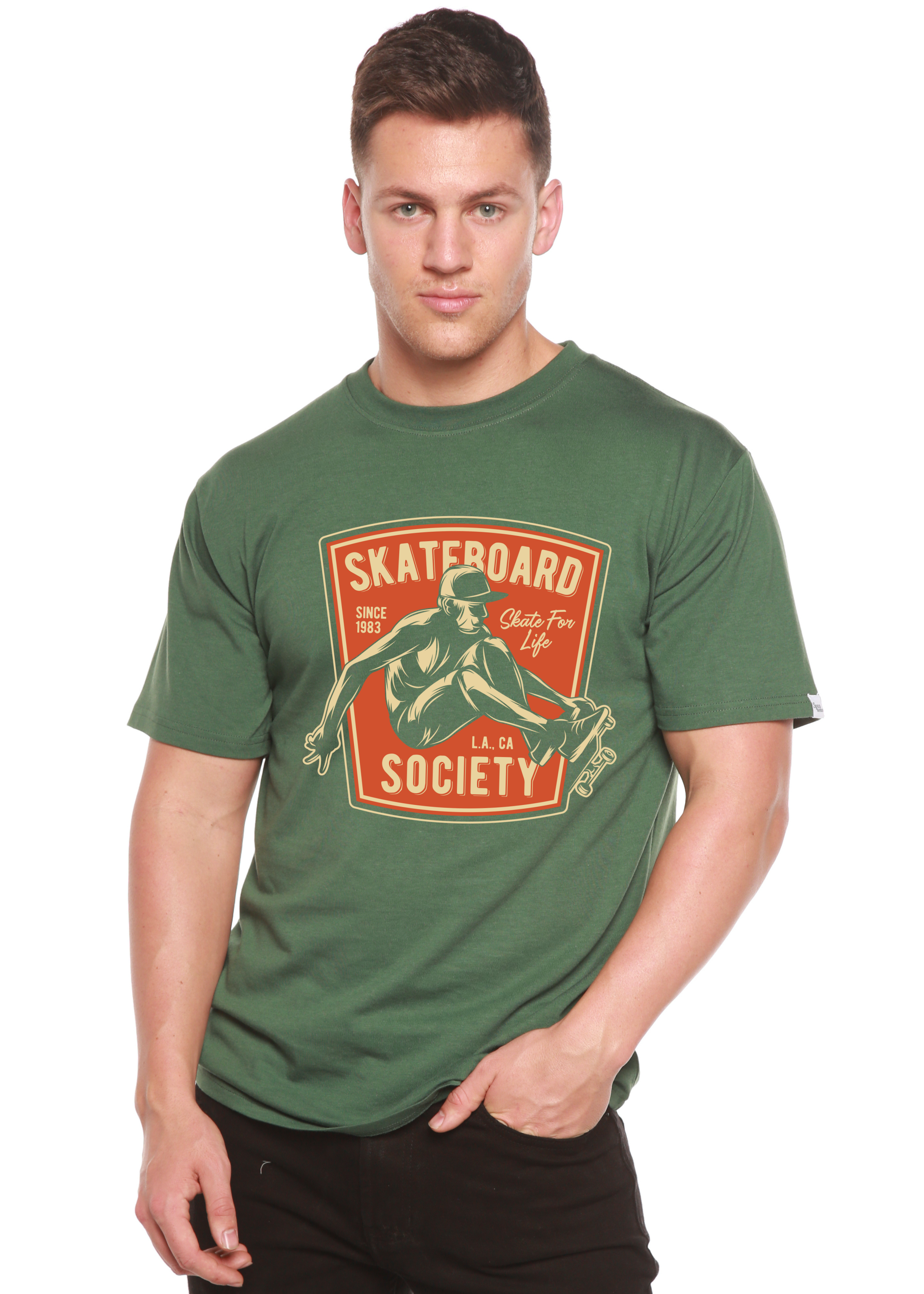 Camiseta gráfica de manga corta de viscosa de bambú y algodón orgánico para hombre Skateboard Society
