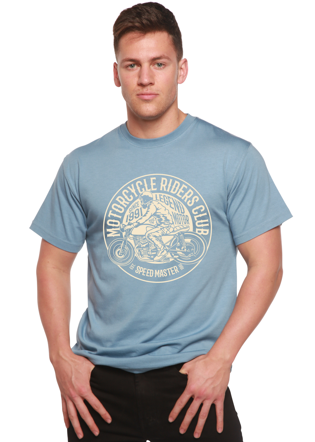 Camiseta de manga corta con gráfico de bambú viscosa/algodón orgánico para hombre del club de motociclistas