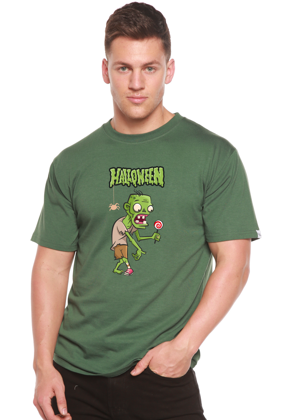 Camiseta gráfica de manga corta de bambú/algodón orgánico con monstruo verde de Halloween unisex