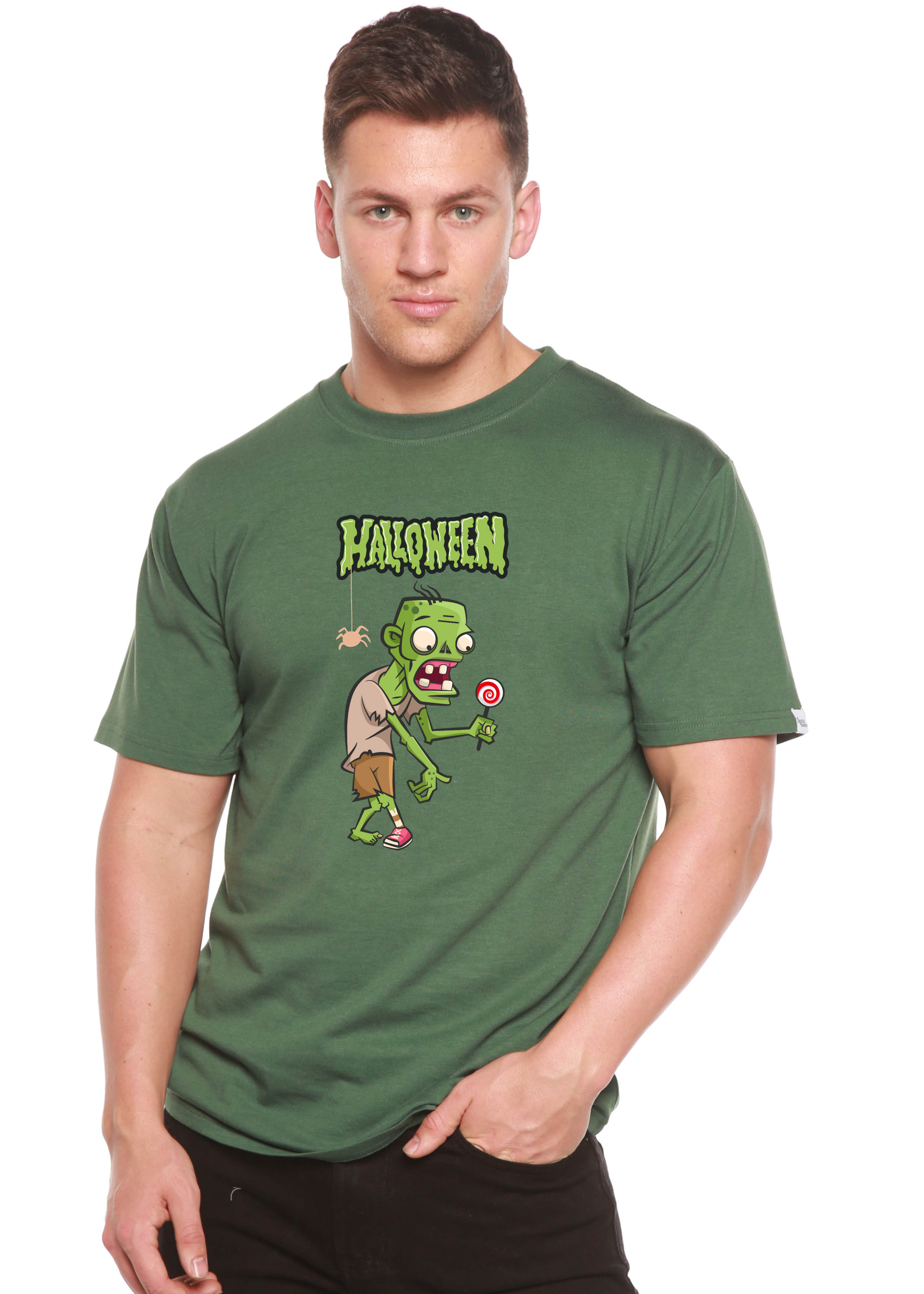 Camiseta gráfica de manga corta de bambú/algodón orgánico con monstruo verde de Halloween unisex