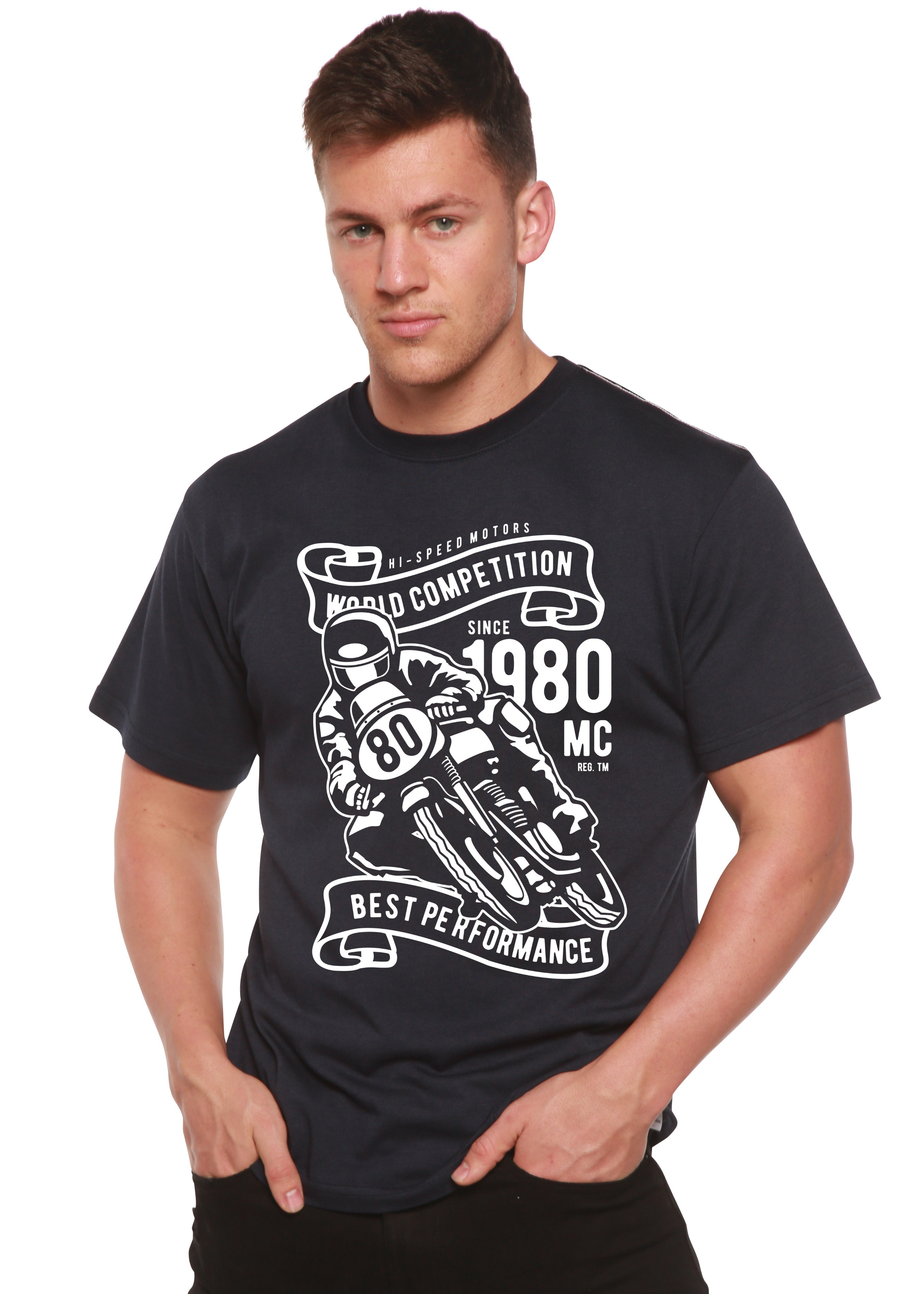 Camiseta gráfica de manga corta de viscosa de bambú y algodón orgánico para hombre World Competition