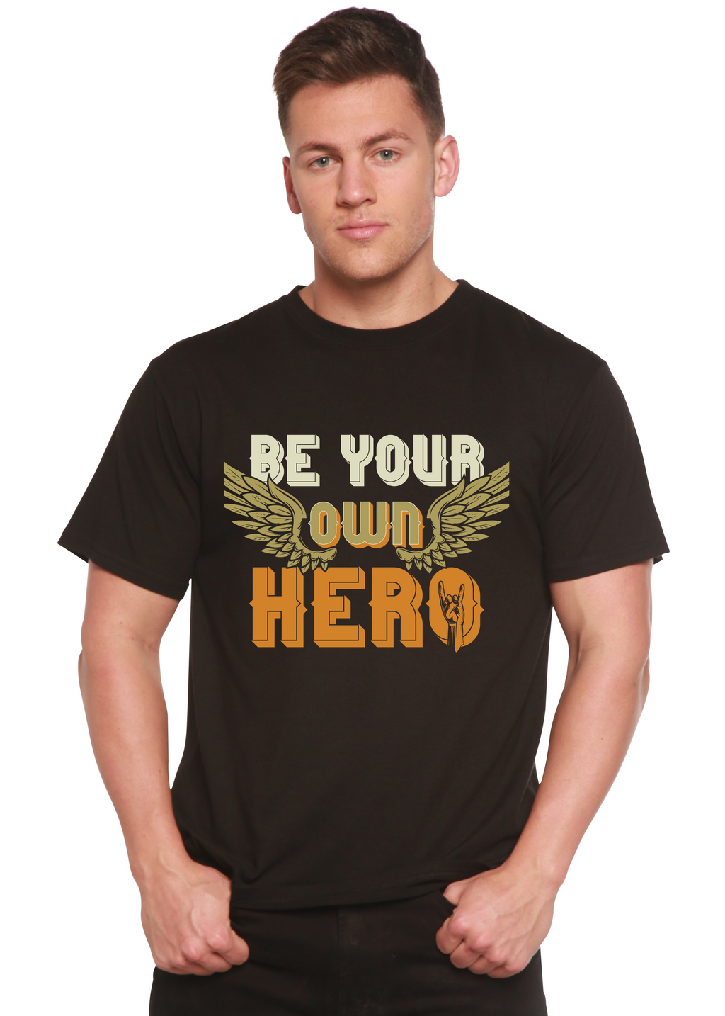 Camiseta gráfica de manga corta de bambú/algodón orgánico para hombre "Sé tu propio héroe"
