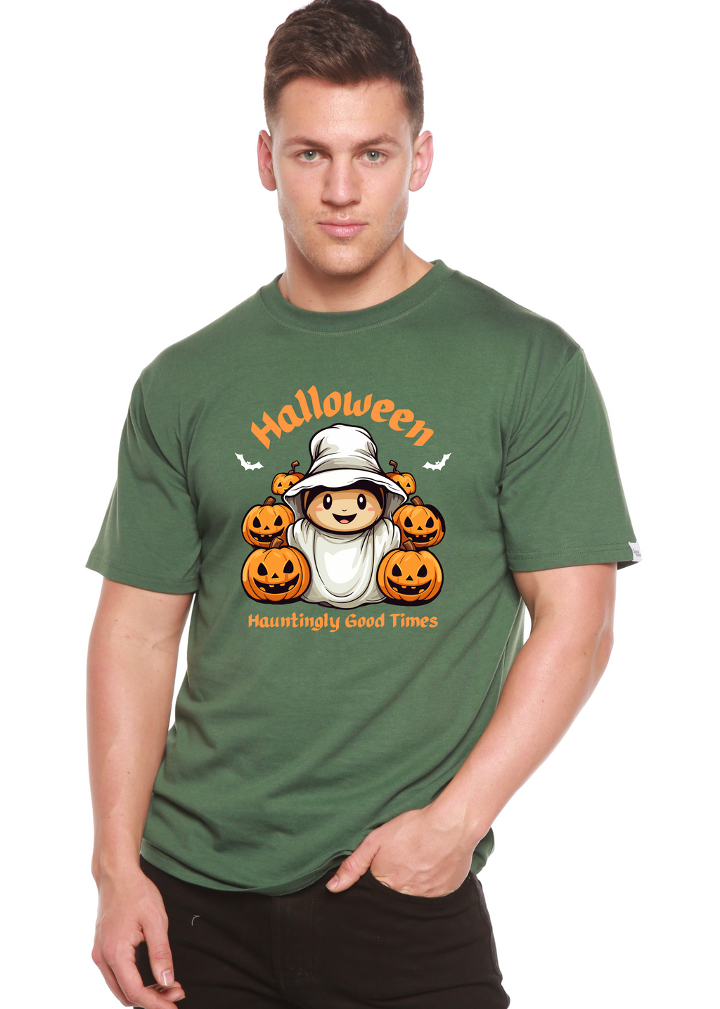 Camiseta gráfica de manga corta de bambú/algodón orgánico para hombre "Halloween Hauntingly Good Times Day"