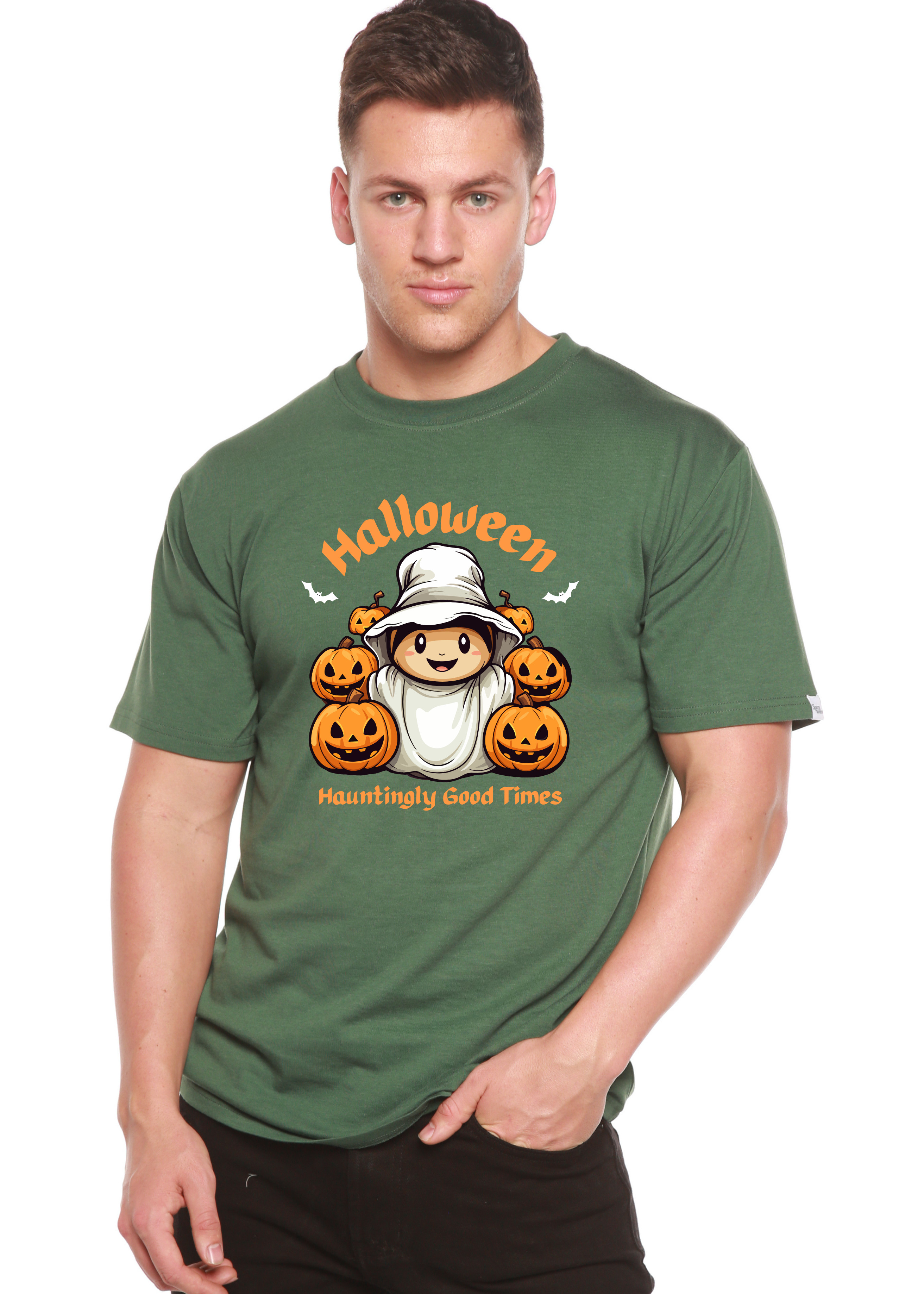 Camiseta gráfica de manga corta de bambú/algodón orgánico para hombre "Halloween Hauntingly Good Times Day"