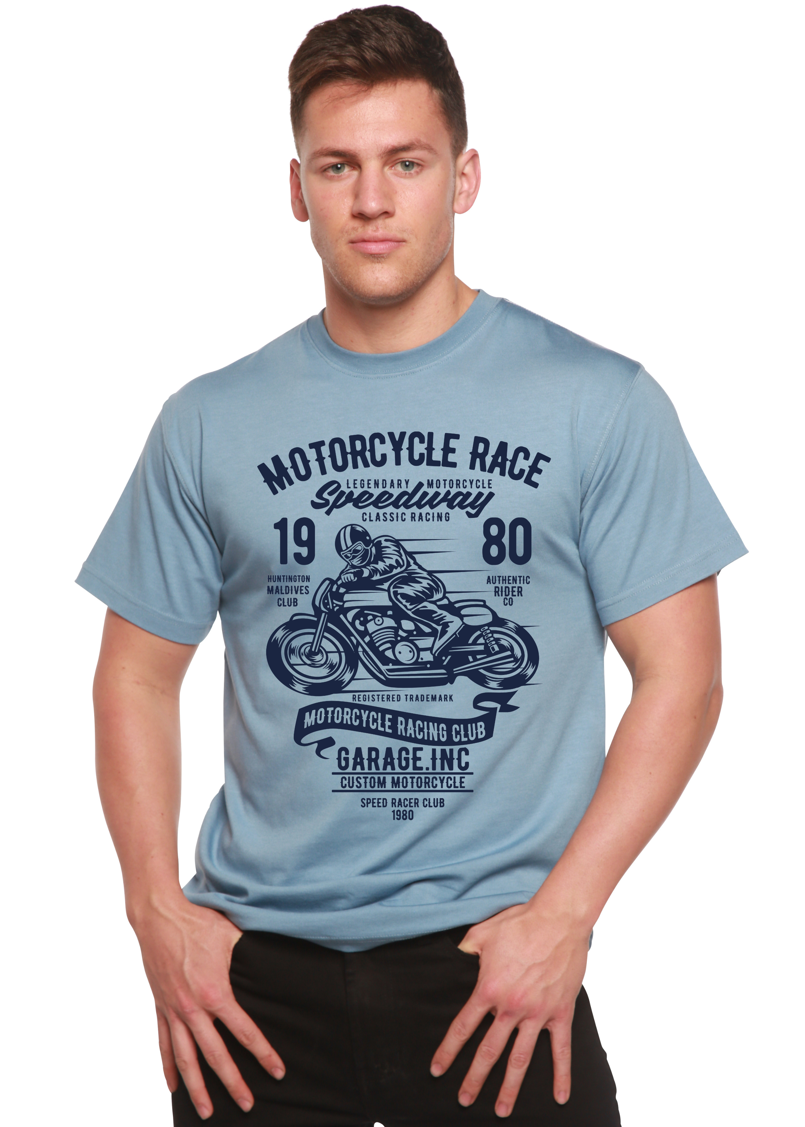 Camiseta gráfica de manga corta de viscosa de bambú y algodón orgánico para hombre con diseño de motos de carrera