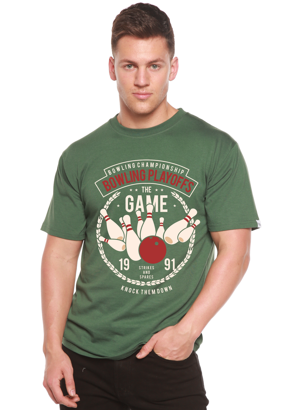 Camiseta gráfica de manga corta de bambú/algodón orgánico para hombre "Playoffs de bolos"