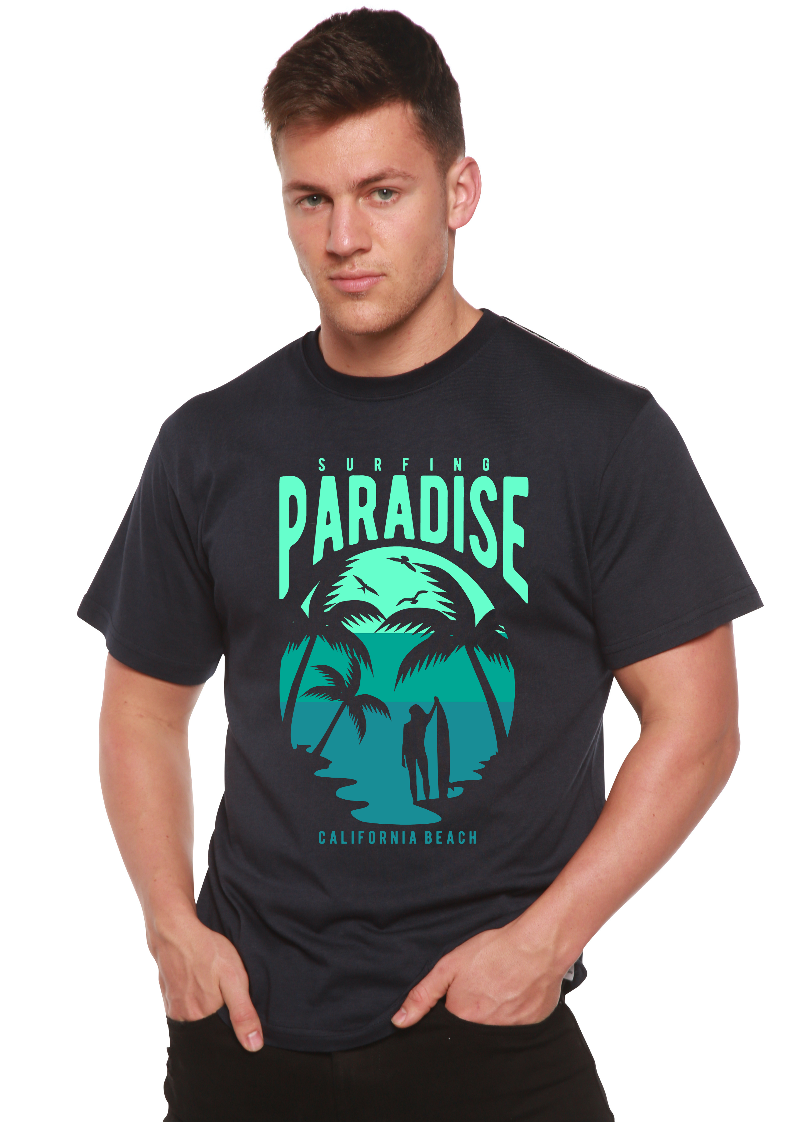 Camiseta gráfica de manga corta de viscosa de bambú y algodón orgánico para hombre Surfing Paradise California Spun Bamboo®