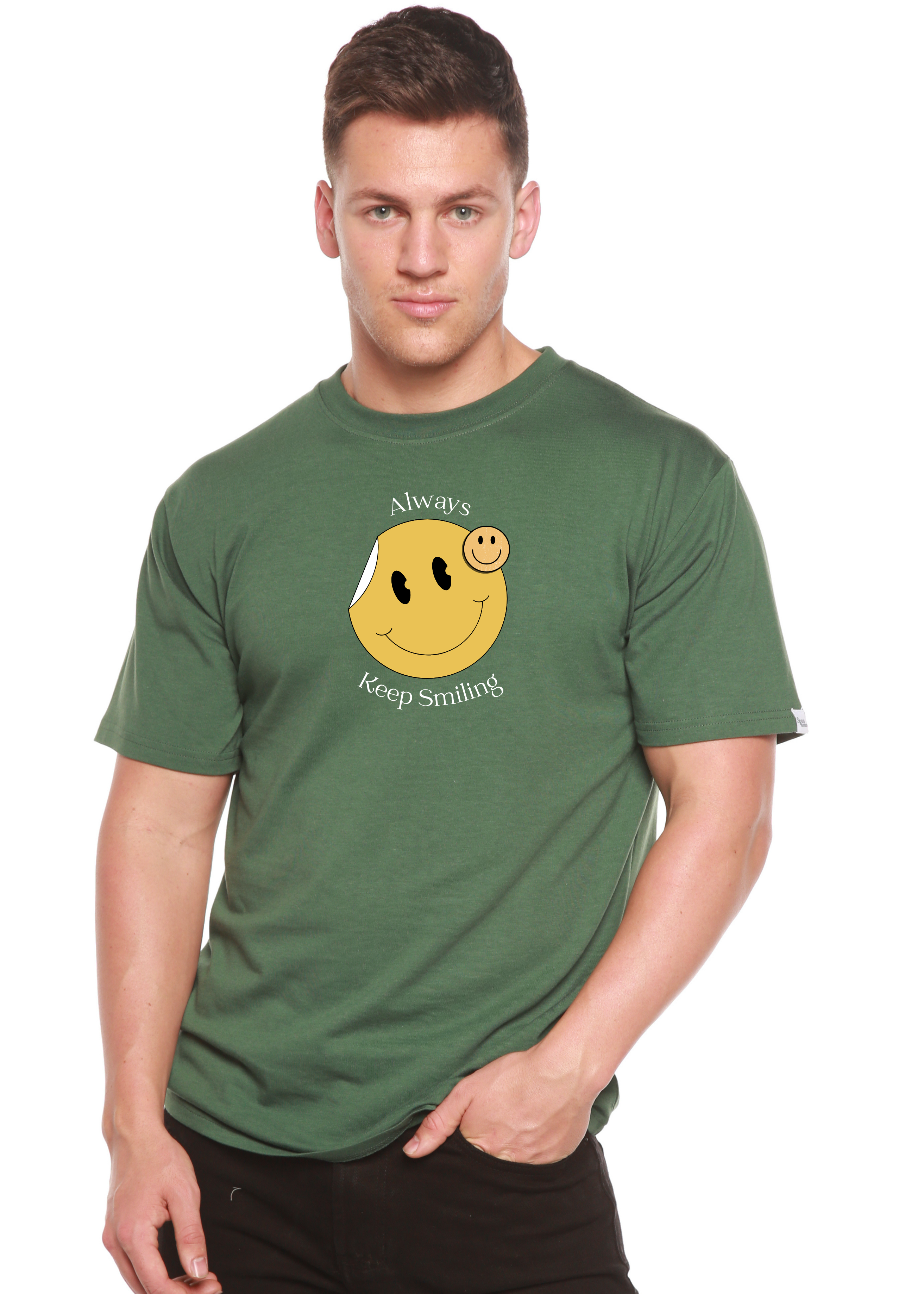 Camiseta gráfica de manga corta para hombre "Always Keep Smiling" de bambú viscosa/algodón orgánico