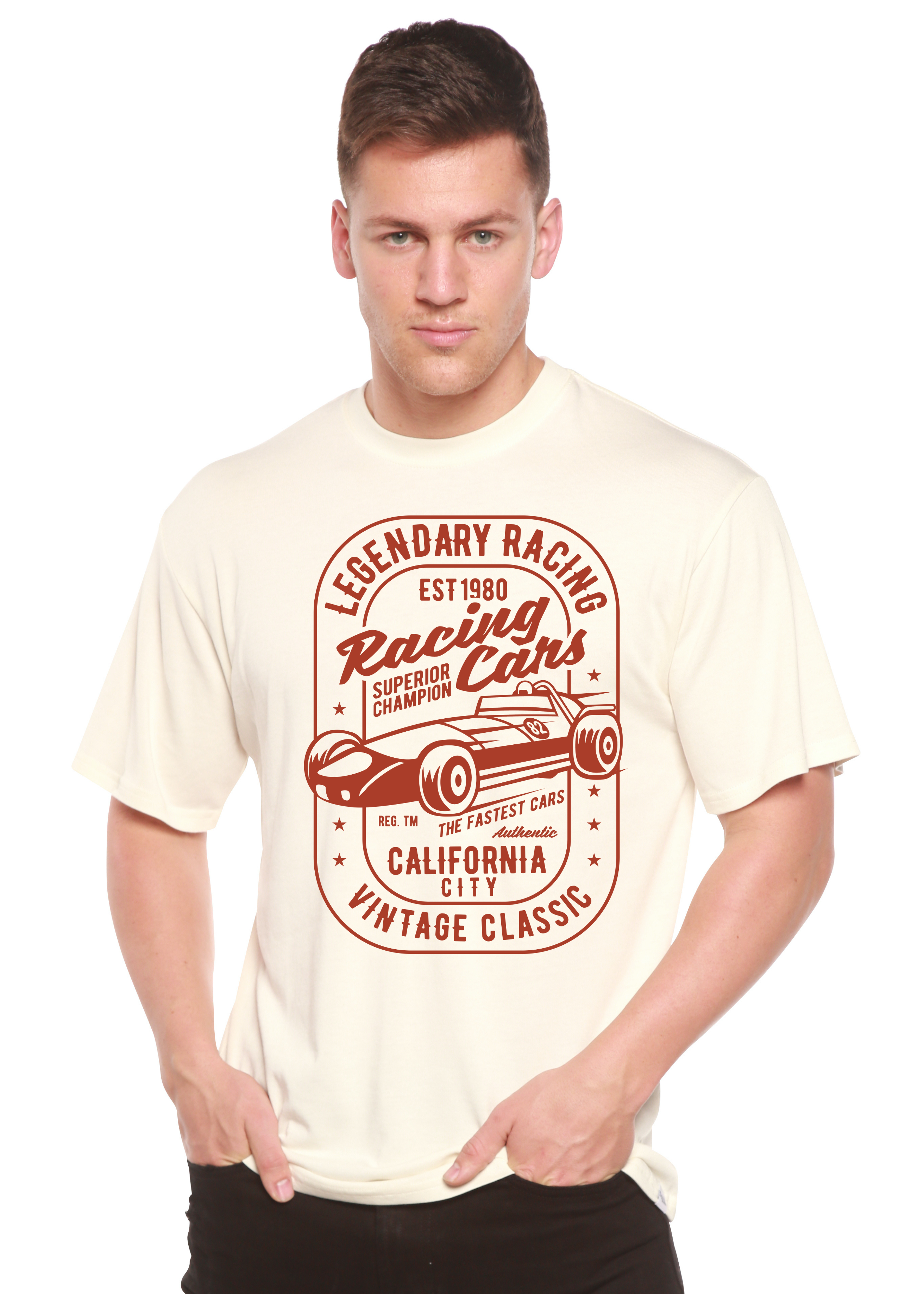 Camiseta gráfica de manga corta para hombre Legendary Racing Cars de bambú-viscosa/algodón orgánico