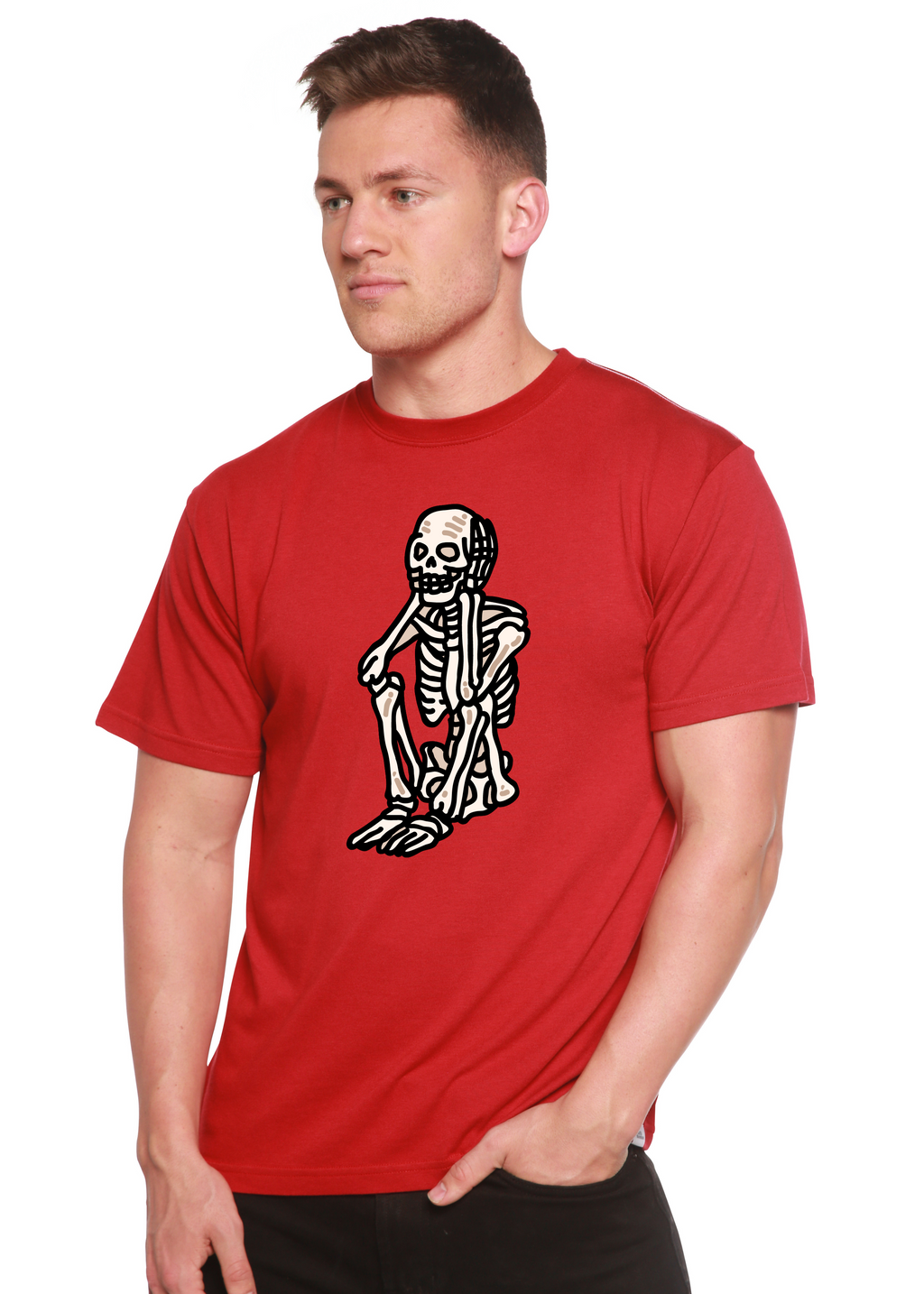 Camiseta gráfica de manga corta de bambú/algodón orgánico unisex de Halloween con esqueleto triste