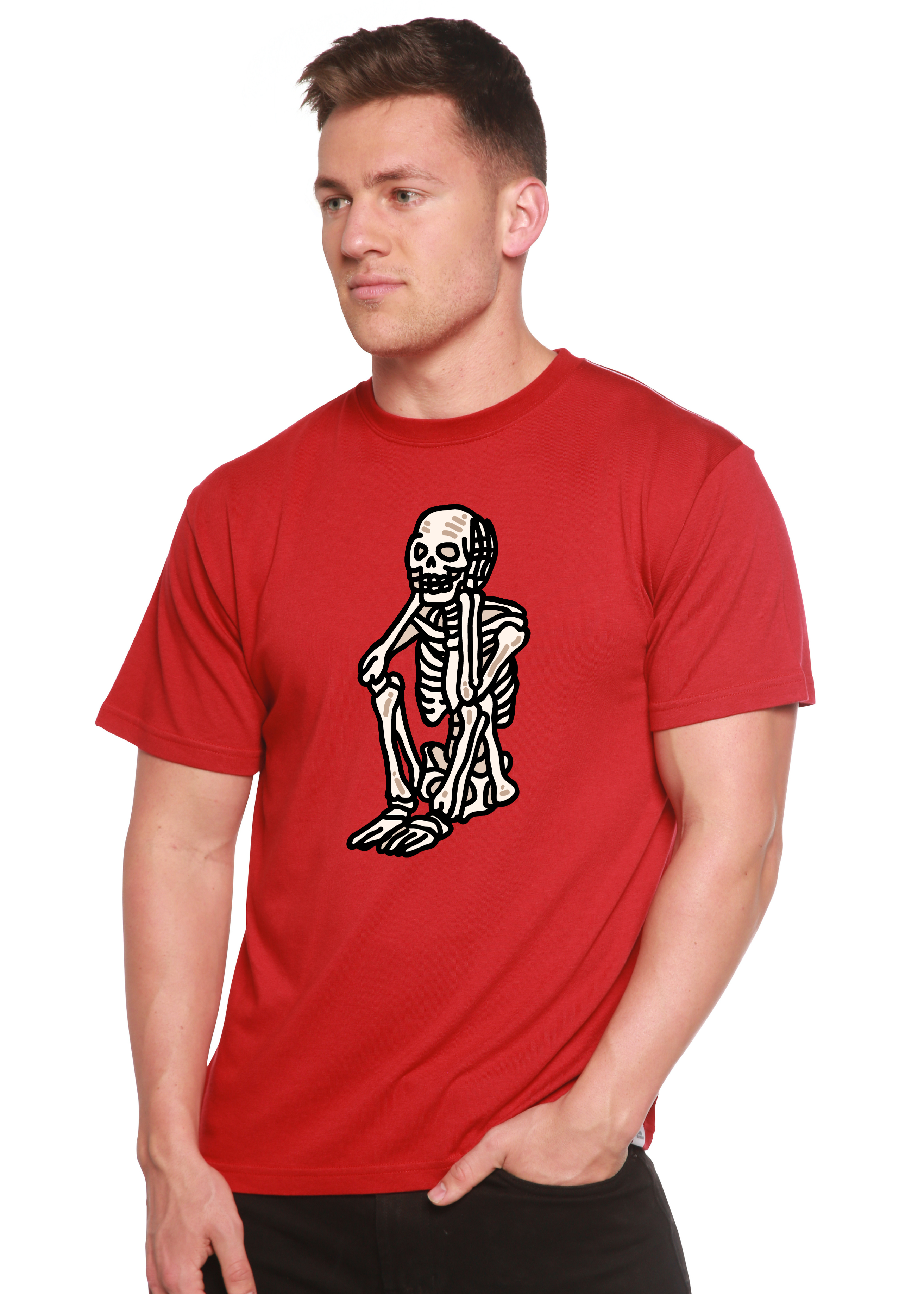 Camiseta gráfica de manga corta de bambú/algodón orgánico unisex de Halloween con esqueleto triste